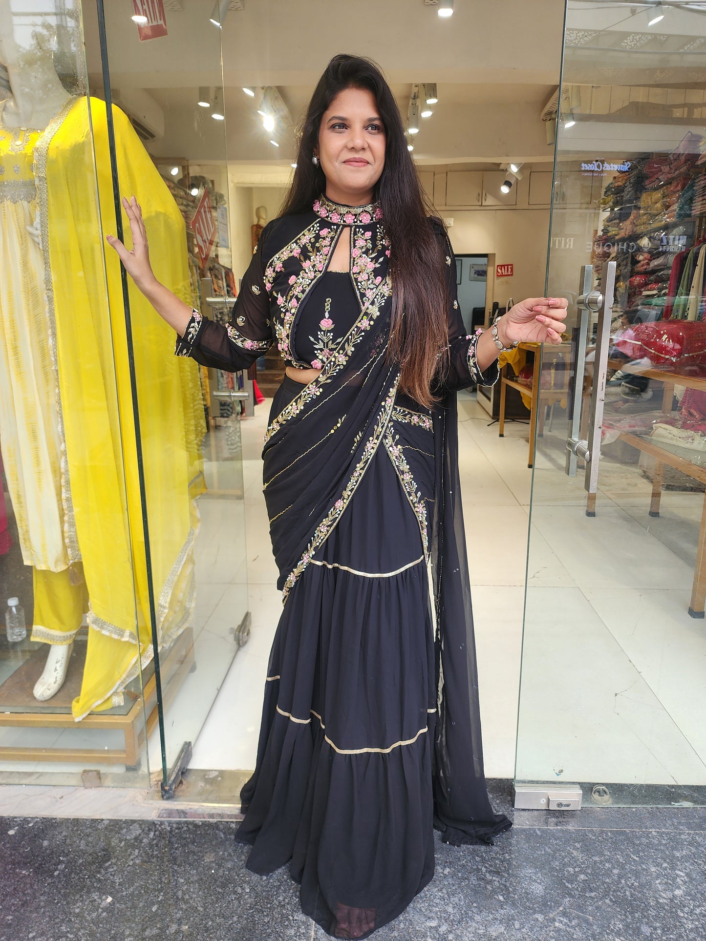 Black hina Embroided drape saree