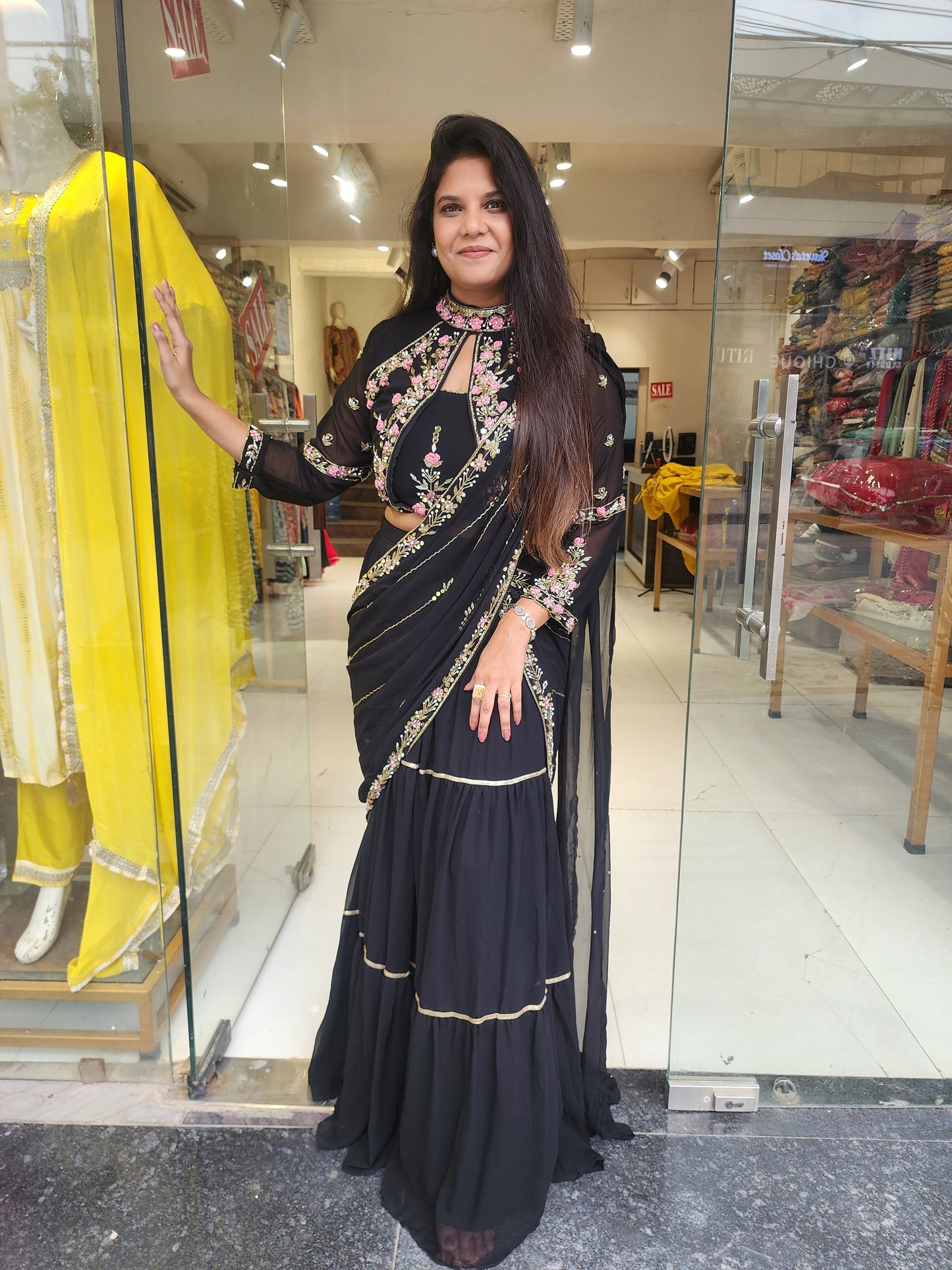 Black hina Embroided drape saree