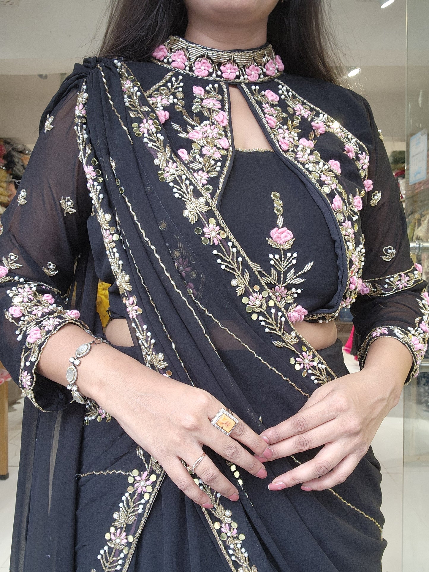 Black hina Embroided drape saree