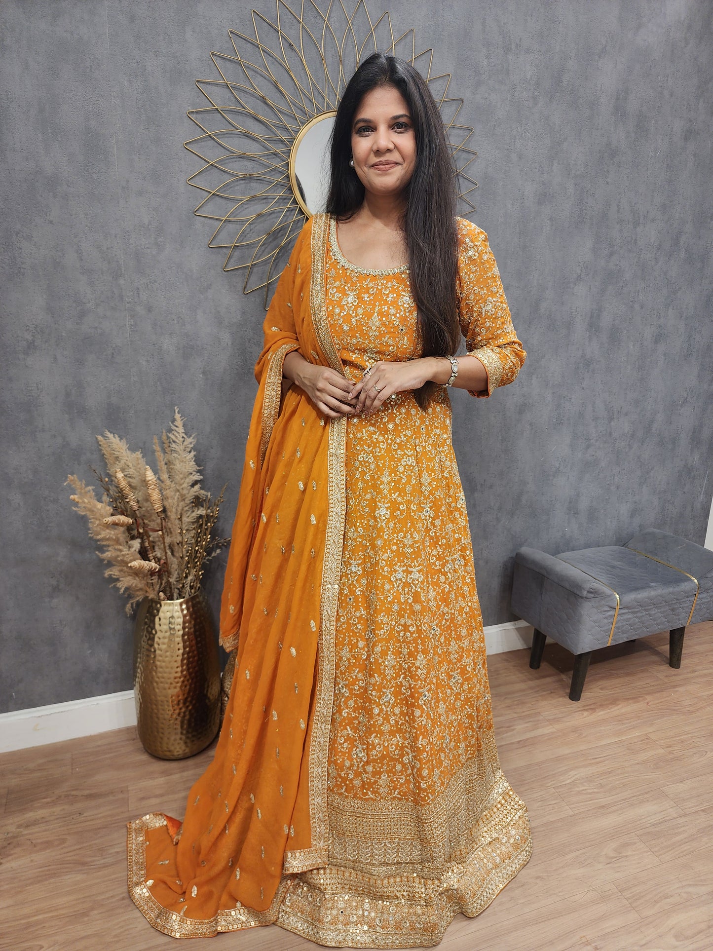 Meera orange anarkali suit