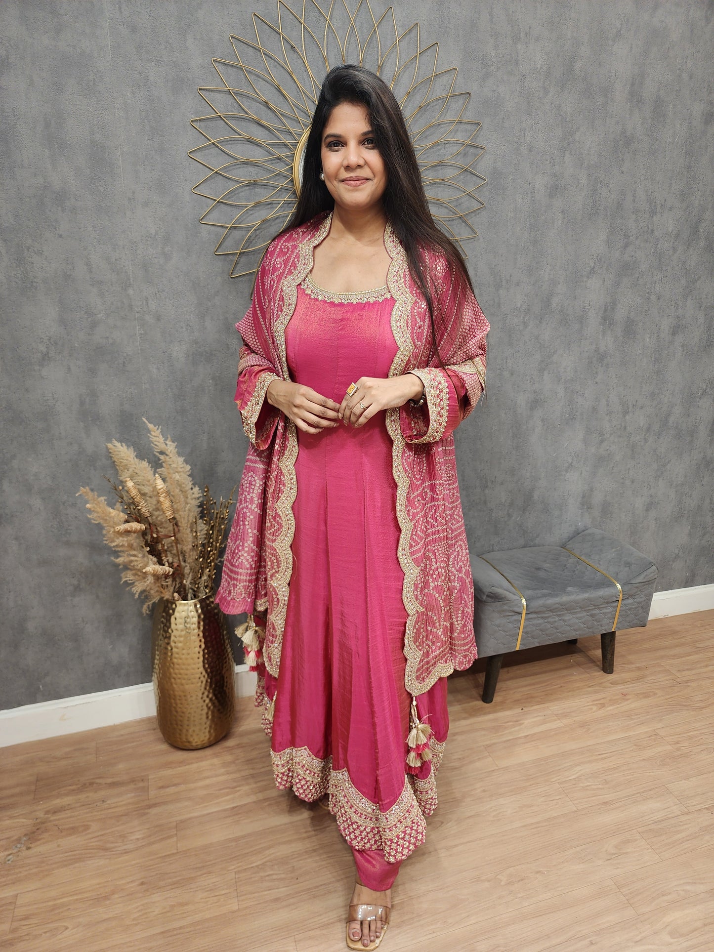 Rutba pink tissue anarkali suit with bandhani suit
