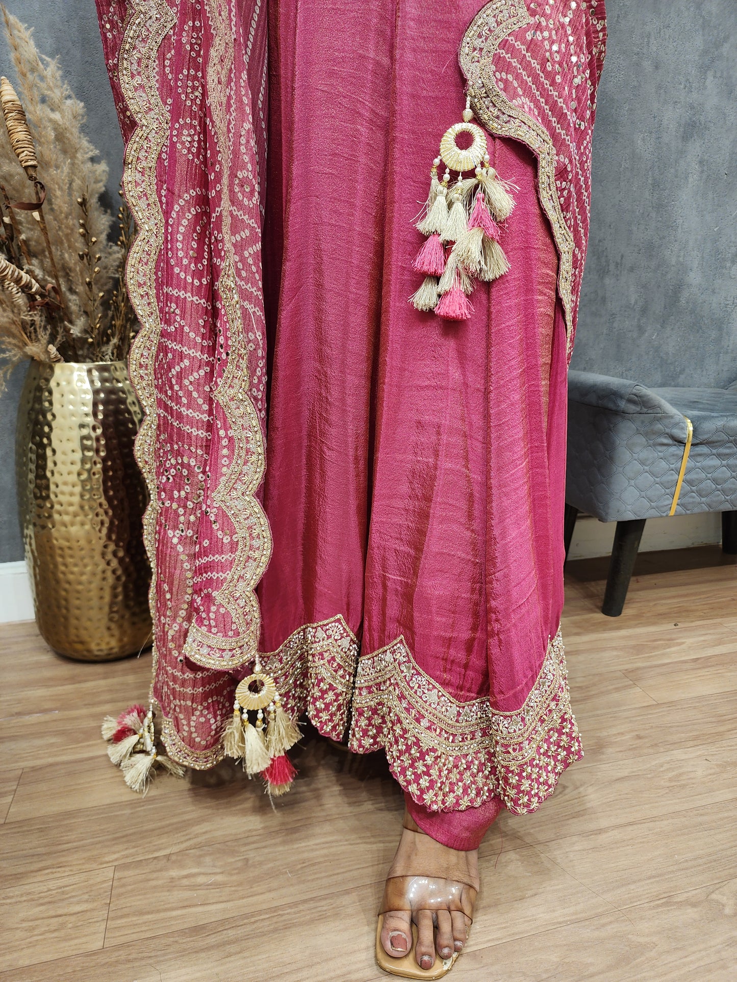 Rutba pink tissue anarkali suit with bandhani suit