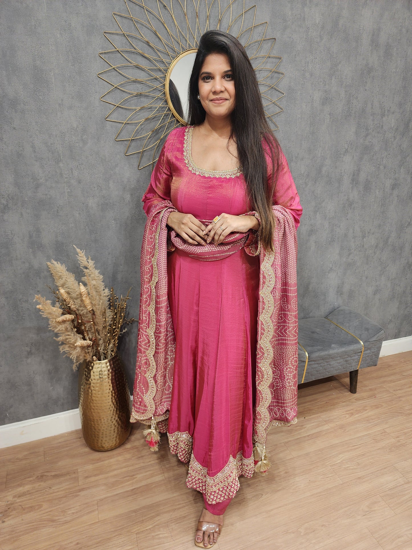 Rutba pink tissue anarkali suit with bandhani suit