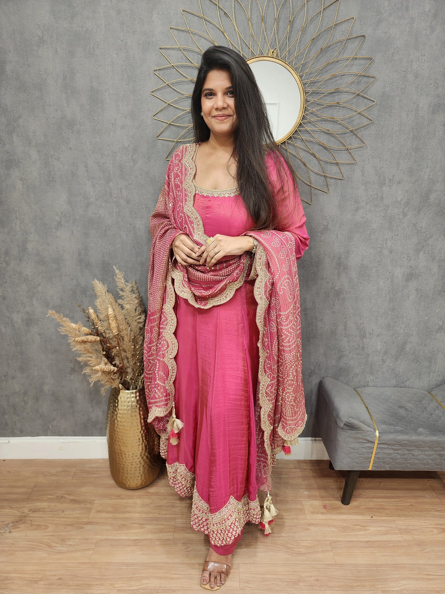 Rutba pink tissue anarkali suit with bandhani suit