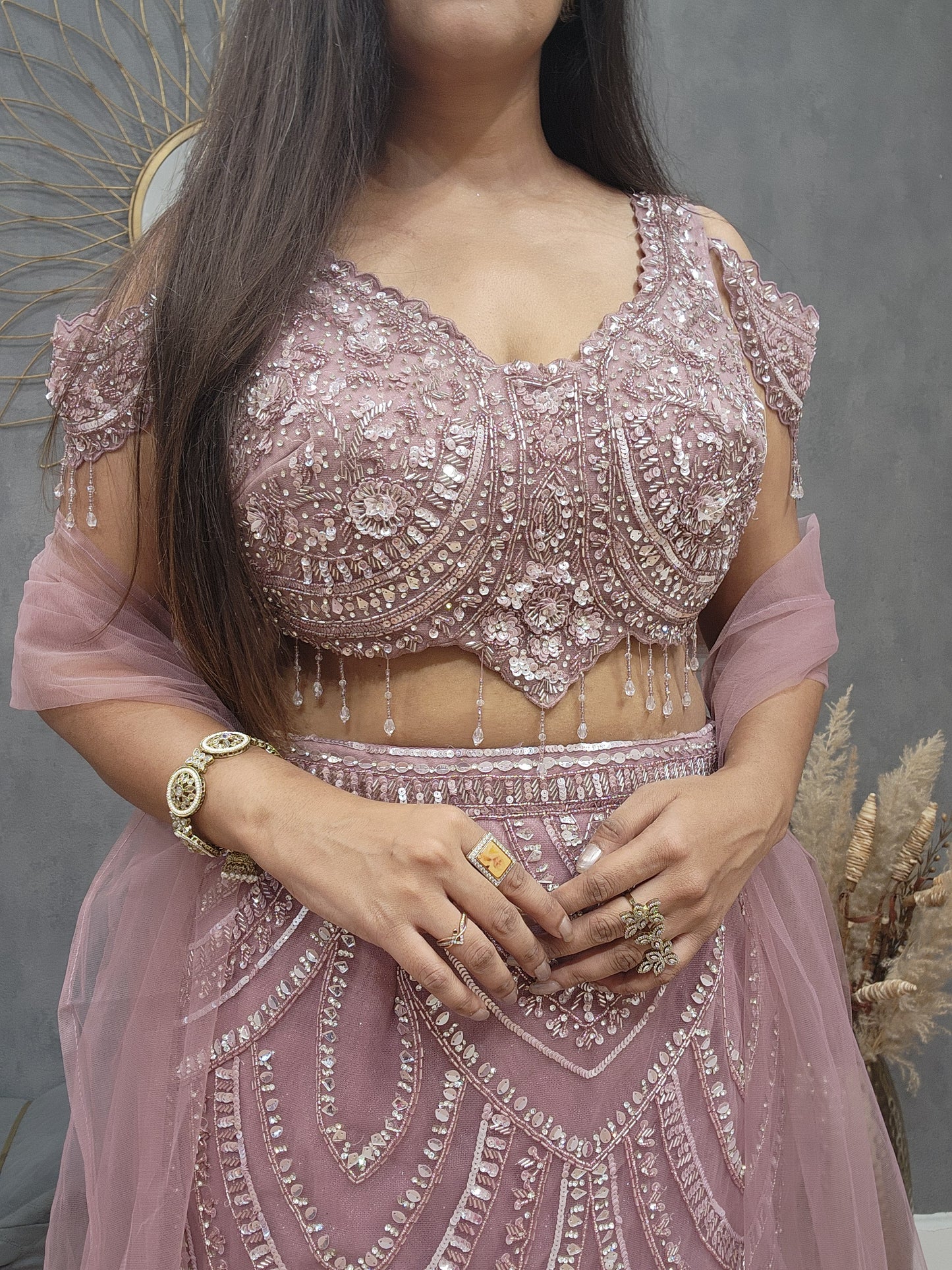 Nude pink fishcut lehenga set