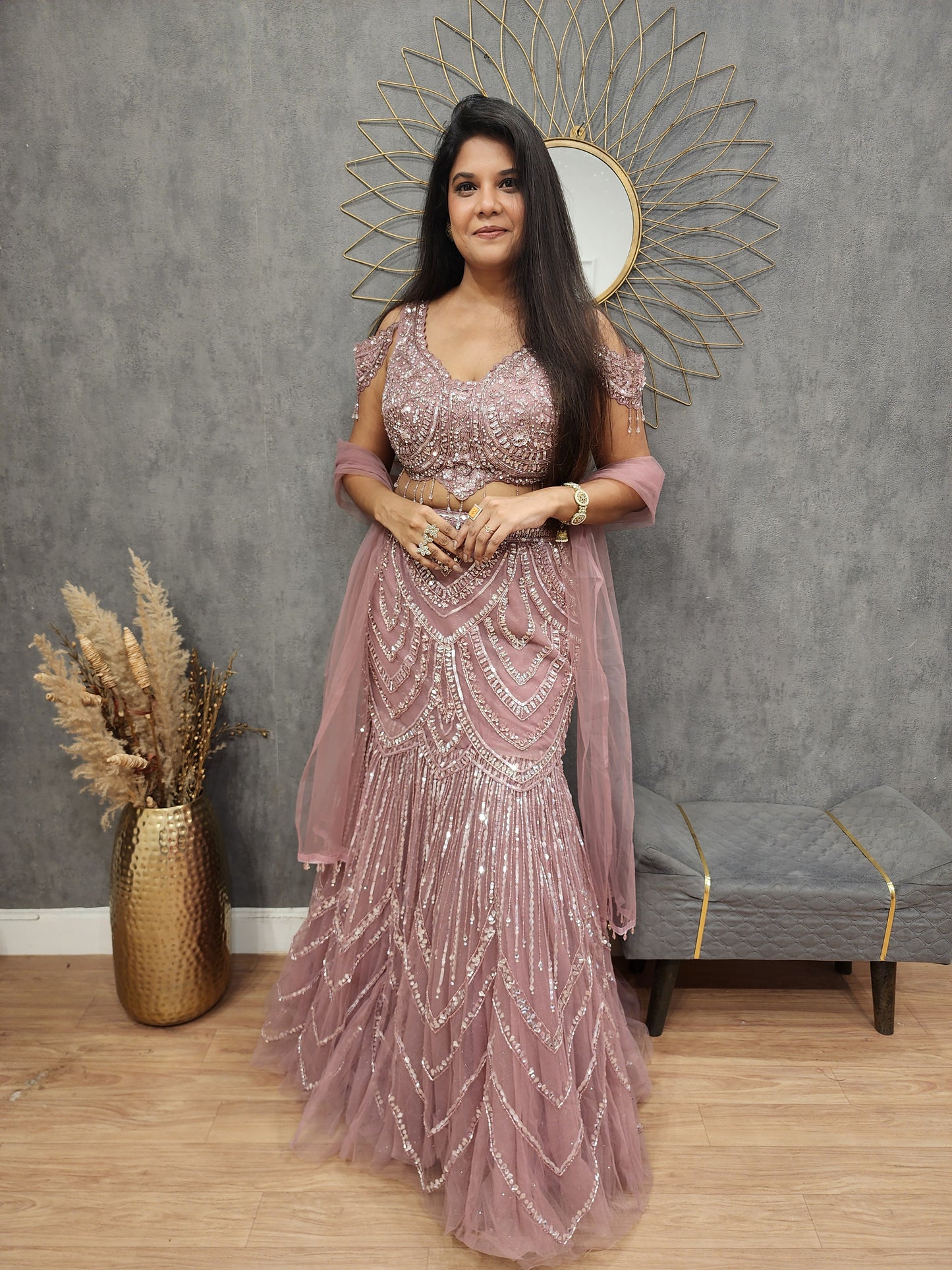Nude pink fishcut lehenga set