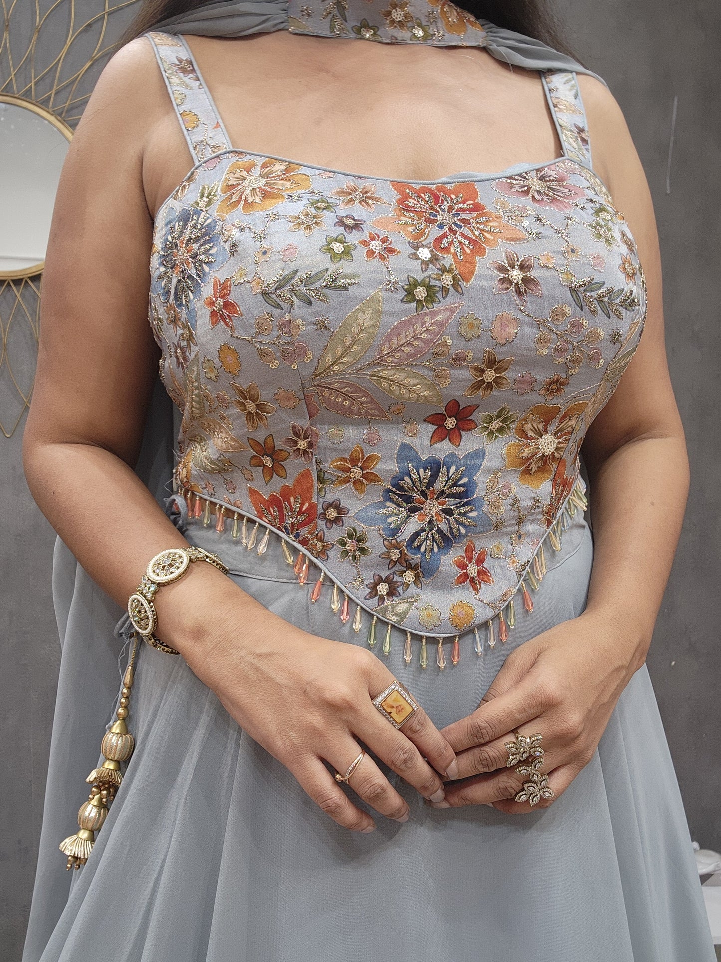 Tan blue Embroided lehenga set
