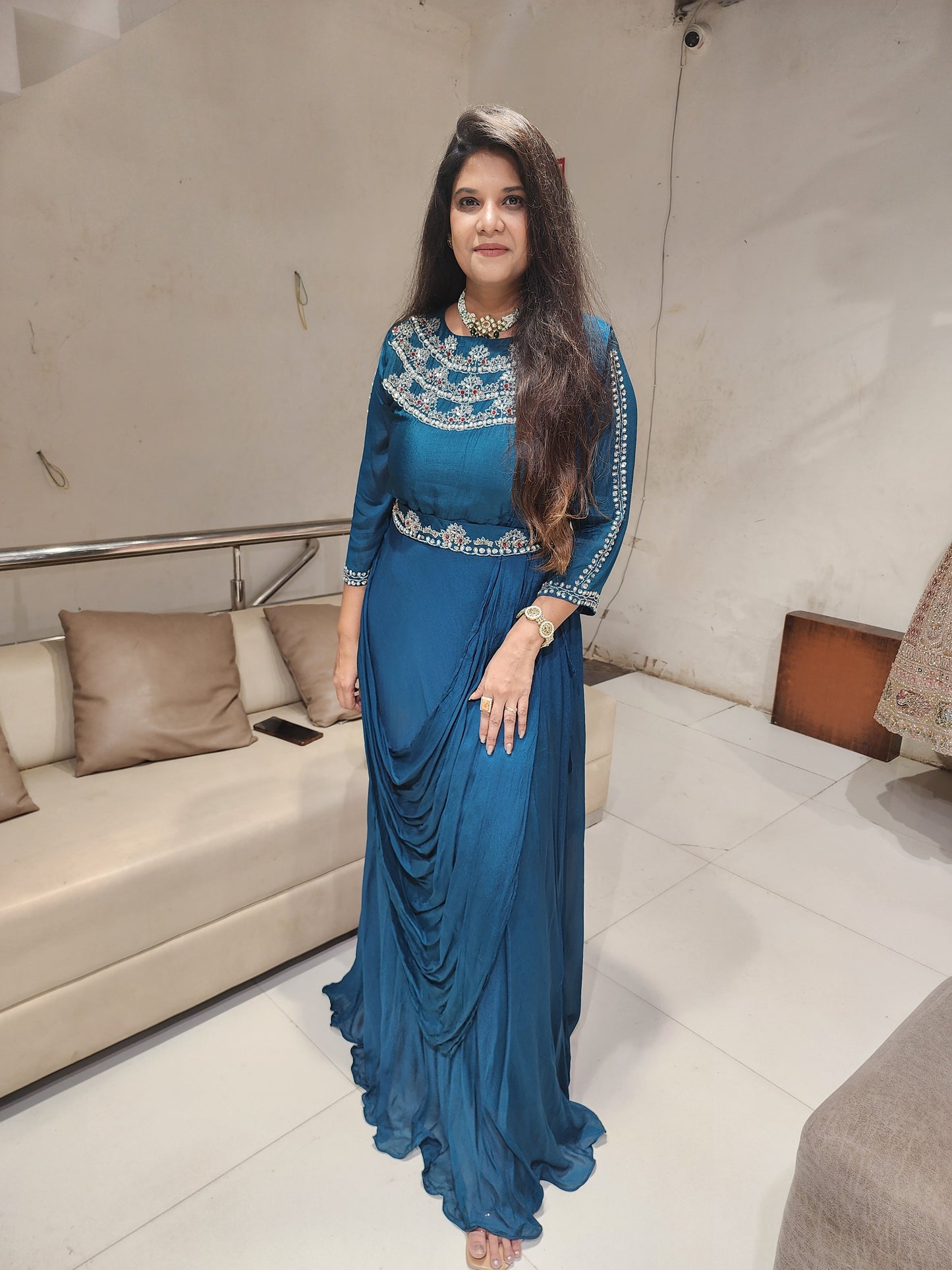 Blue neckline drape maxi gown