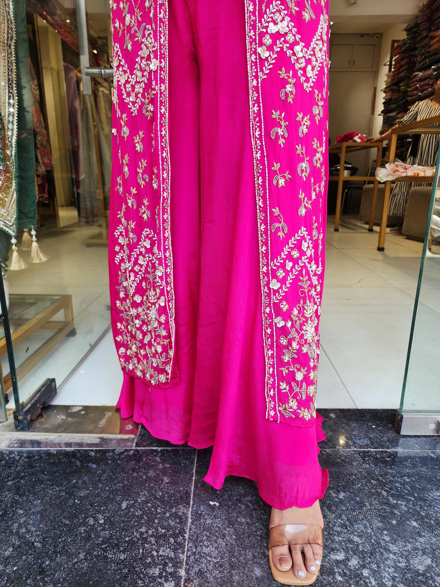 Pink 3piece indowestern plazo suit with long jacket