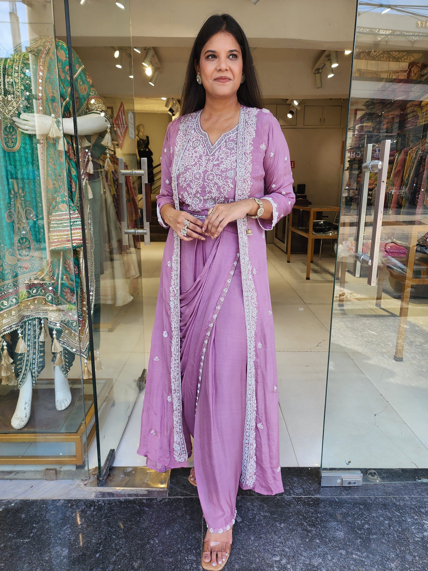 Onion pink Long jacket drape saree with belt
