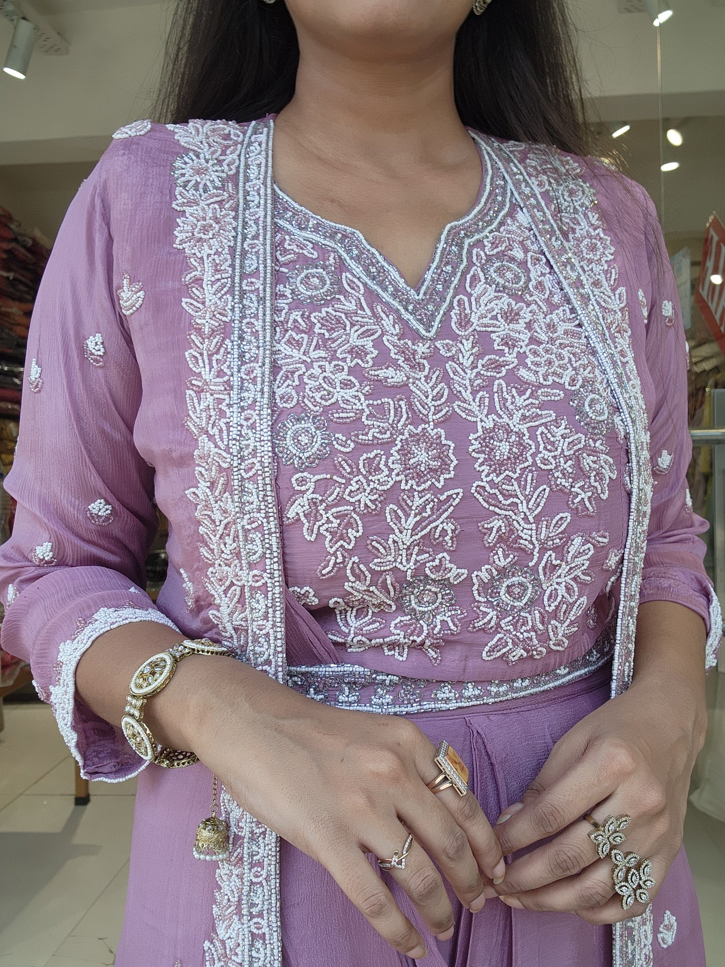 Onion pink Long jacket drape saree with belt