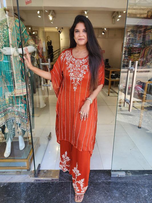 Rust Embroided kaftaan plazo suit