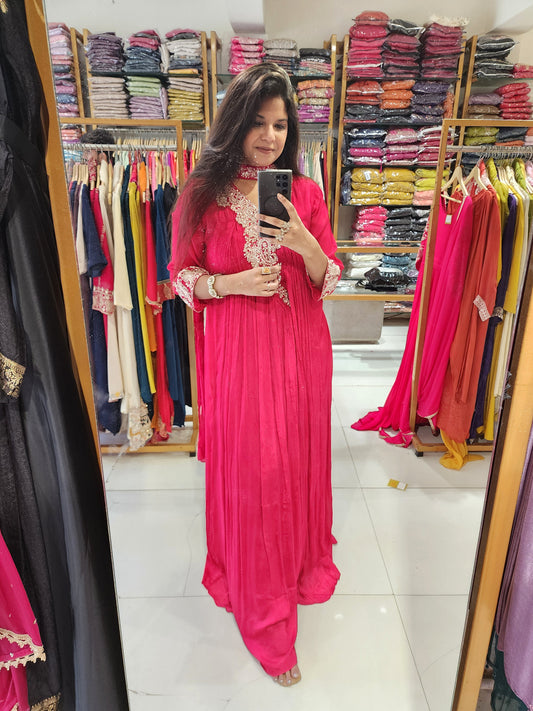 Hotpink printed chinon maxi gown