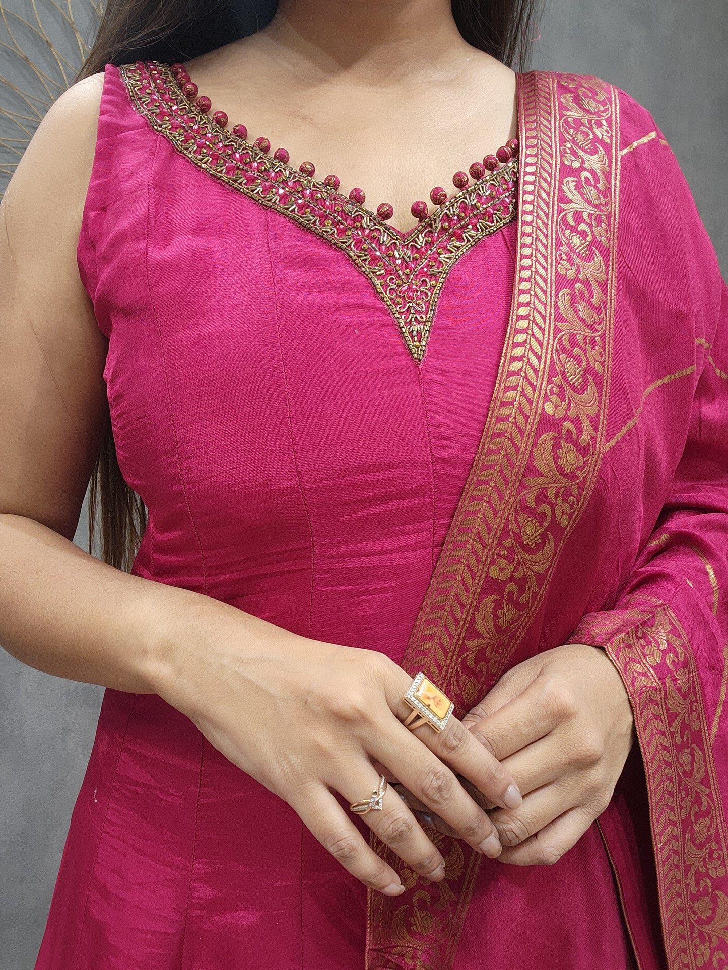 Rutba Pink anarkali weaving suit