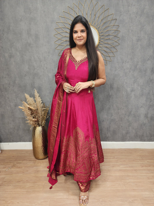 Rutba Pink anarkali weaving suit
