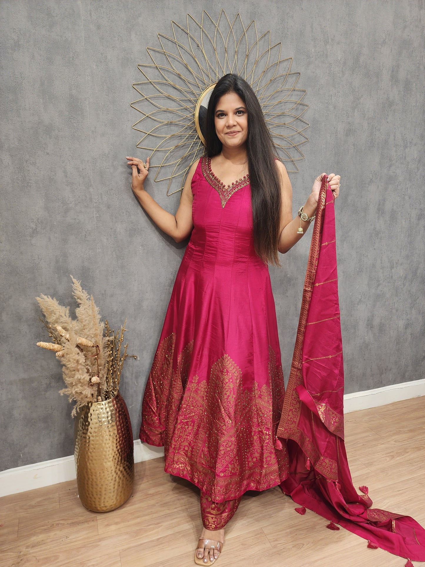 Rutba Pink anarkali weaving suit