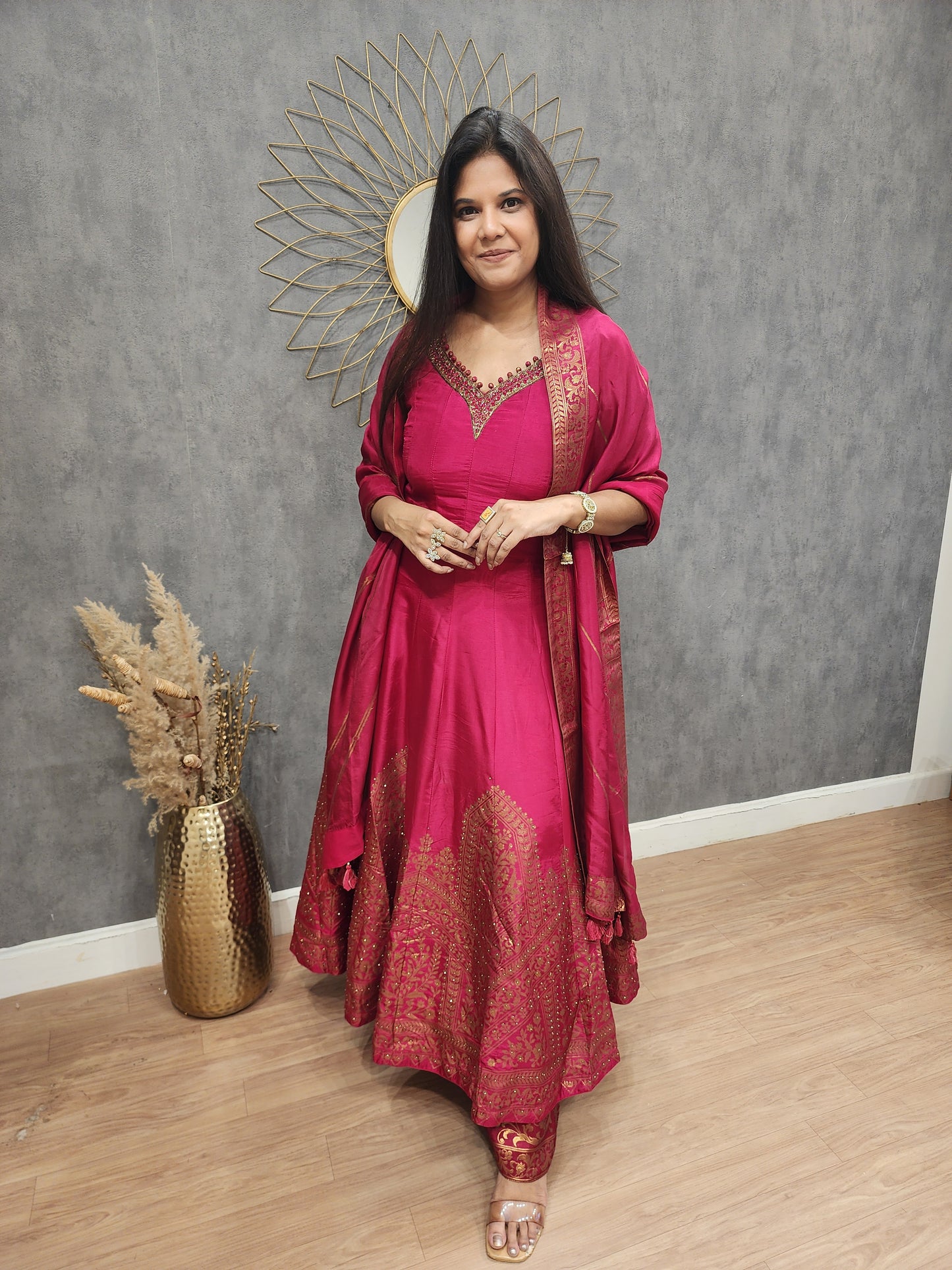 Rutba Pink anarkali weaving suit