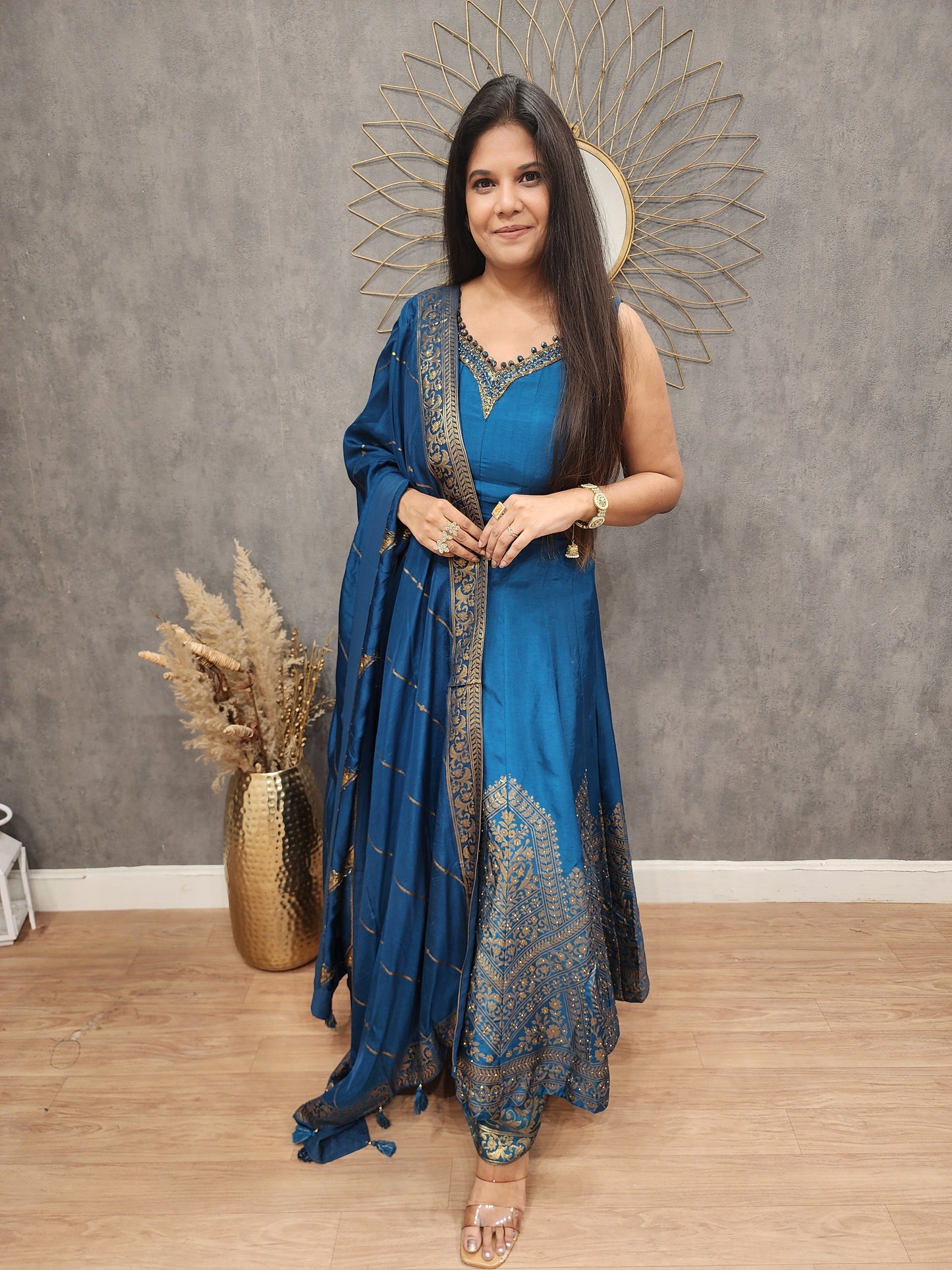 Rutba blue weaving anarkali suit