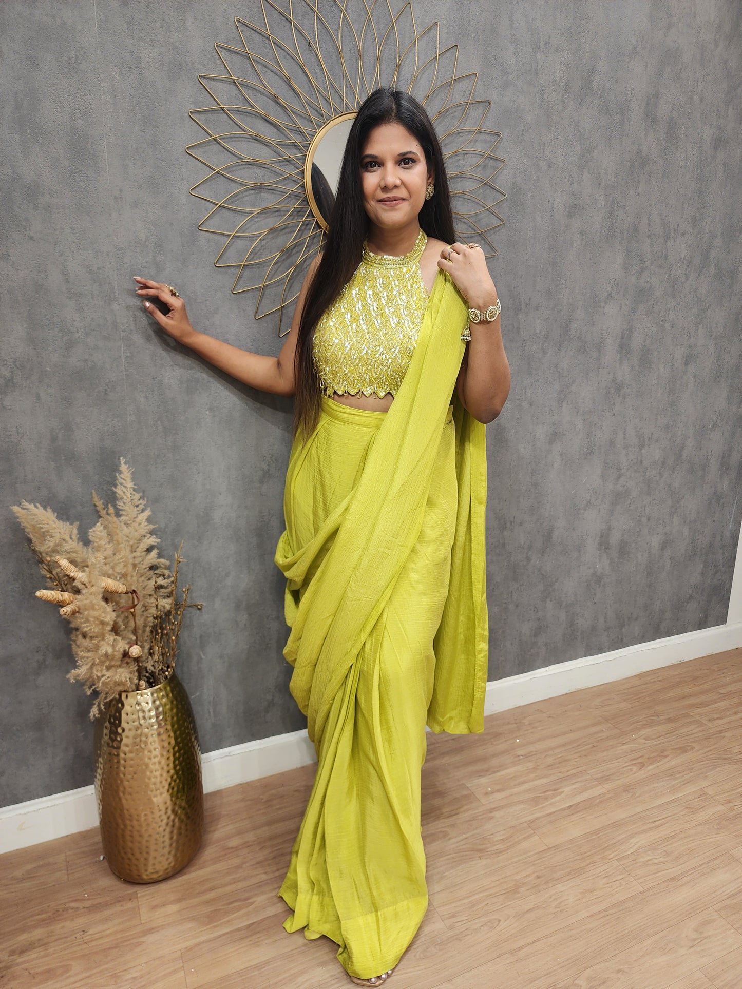 Lime halter neck drape saree (no sleeves)