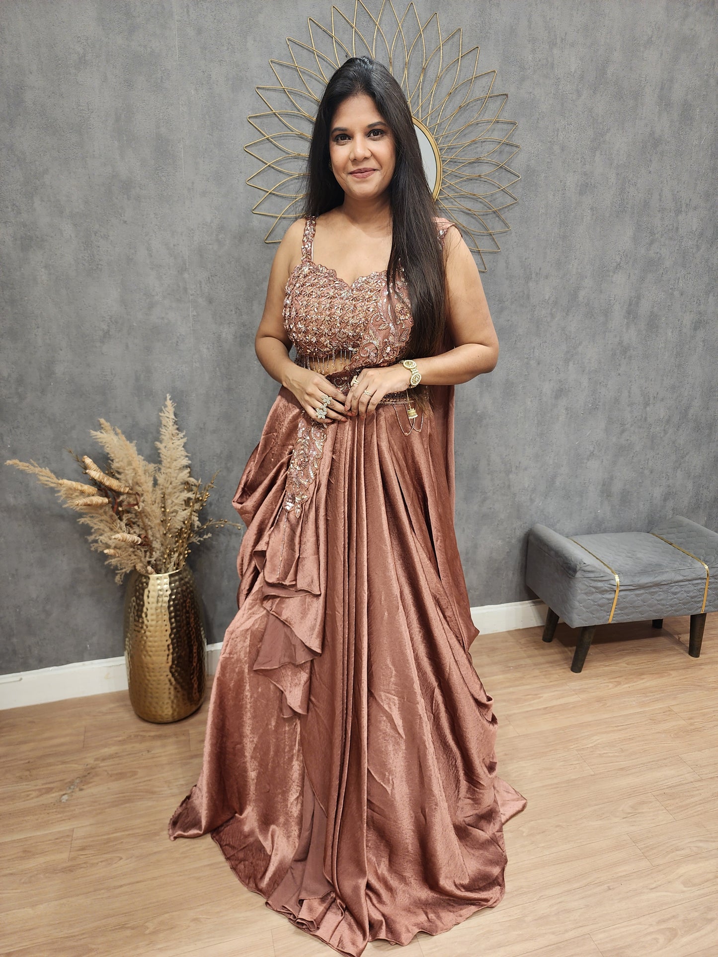 Mehak metallick rust cowl lehenga
