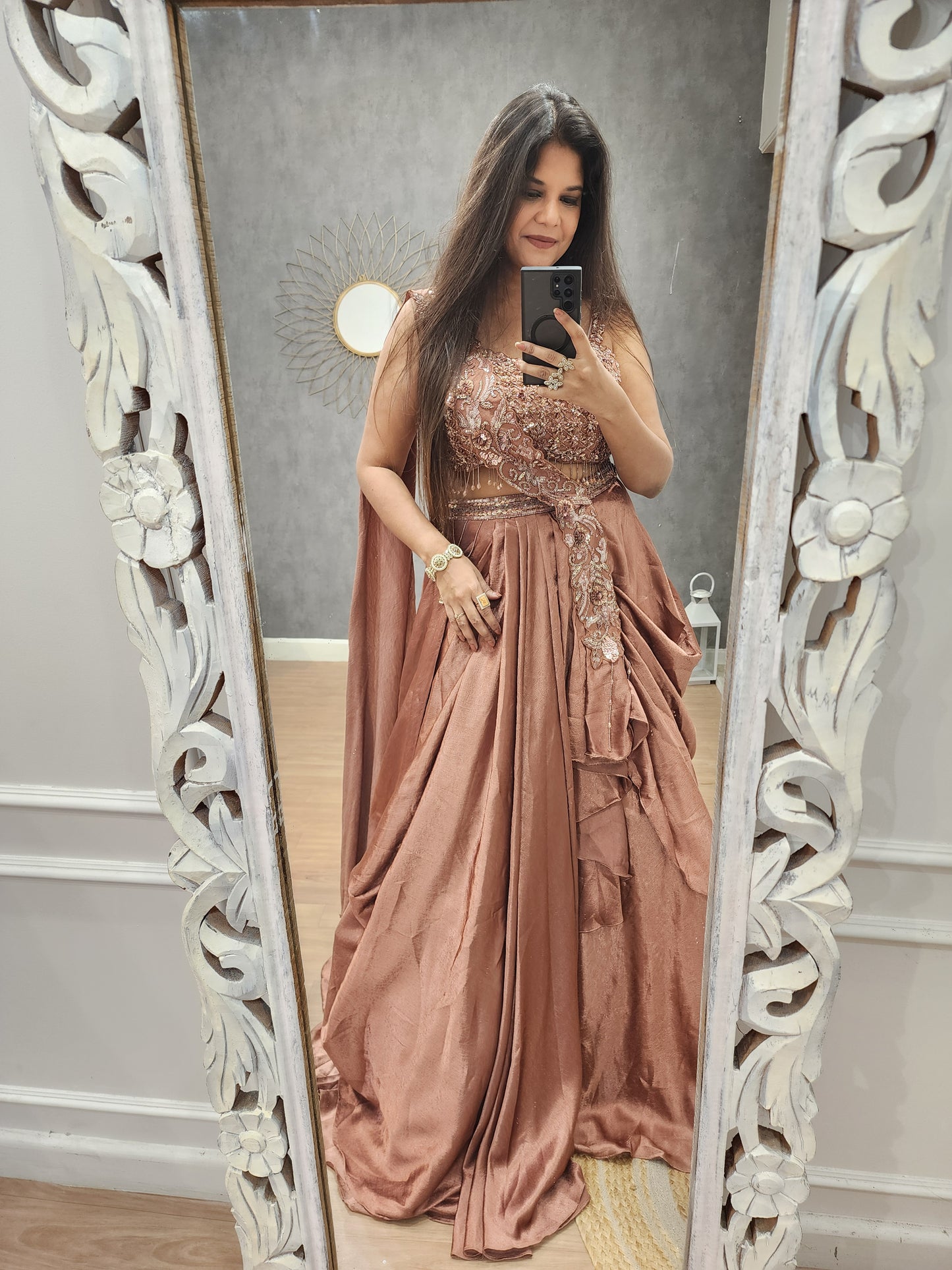 Mehak metallick rust cowl lehenga
