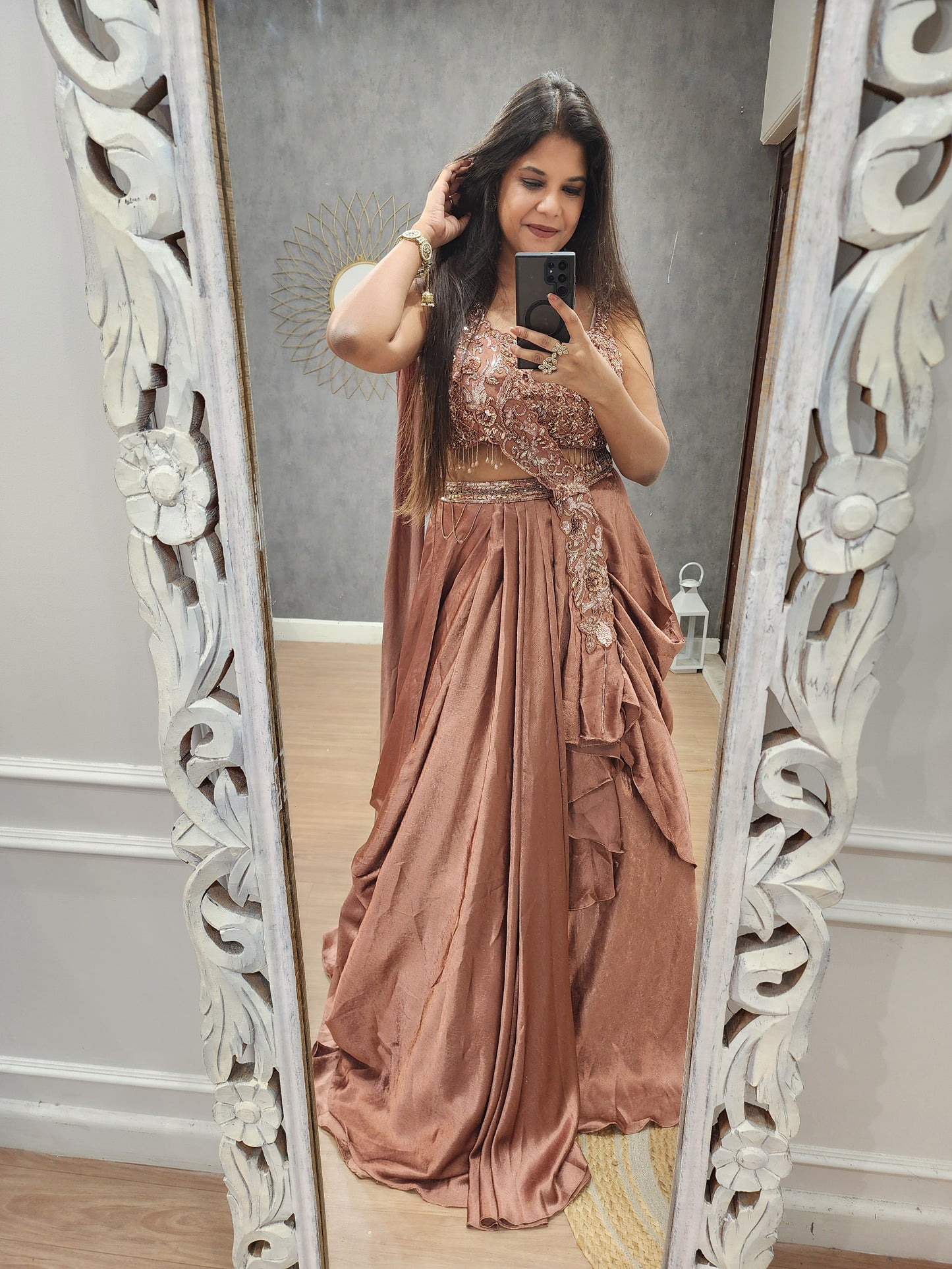 Mehak metallick rust cowl lehenga