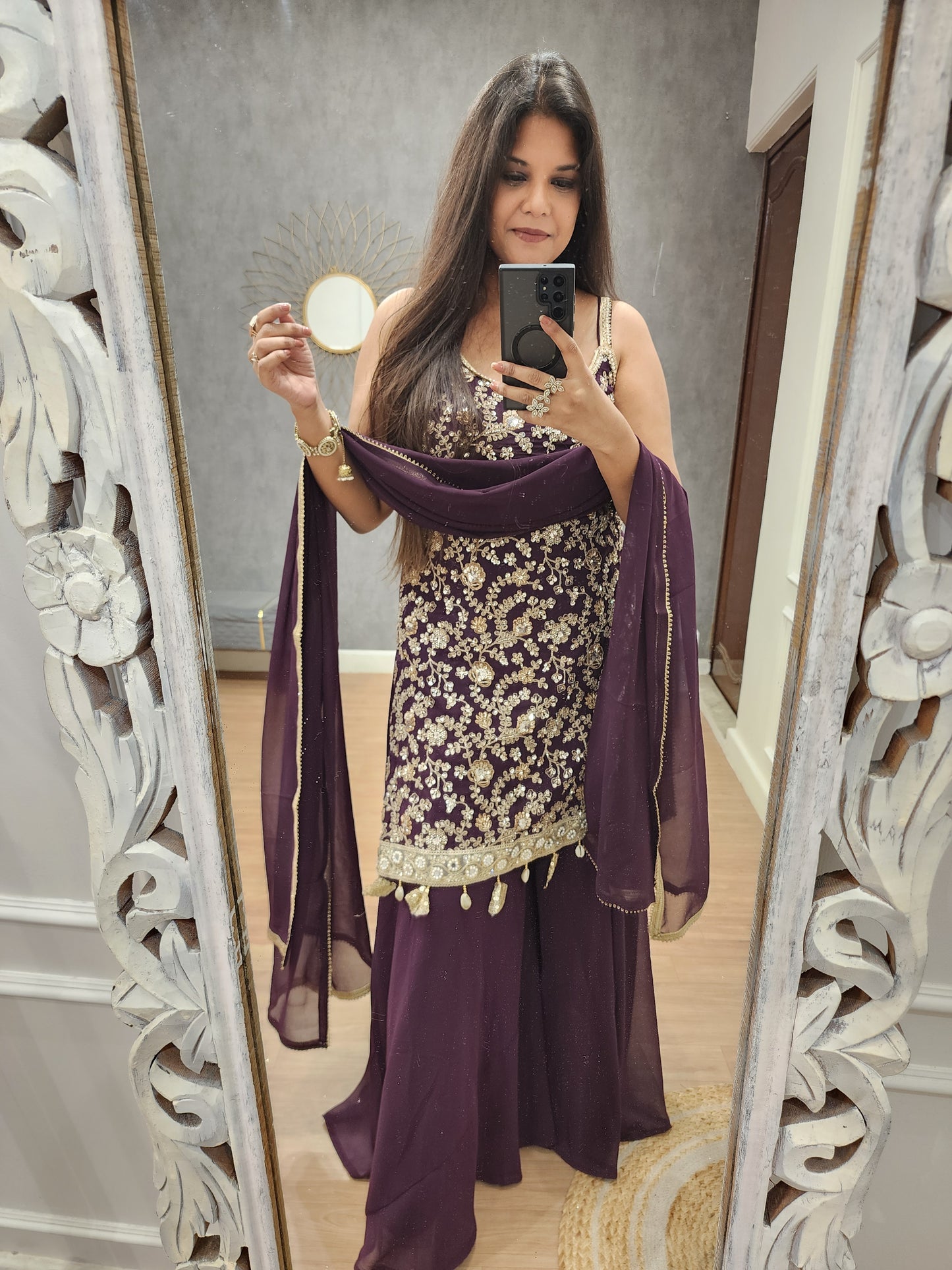 Mahi wine strap sharara suit