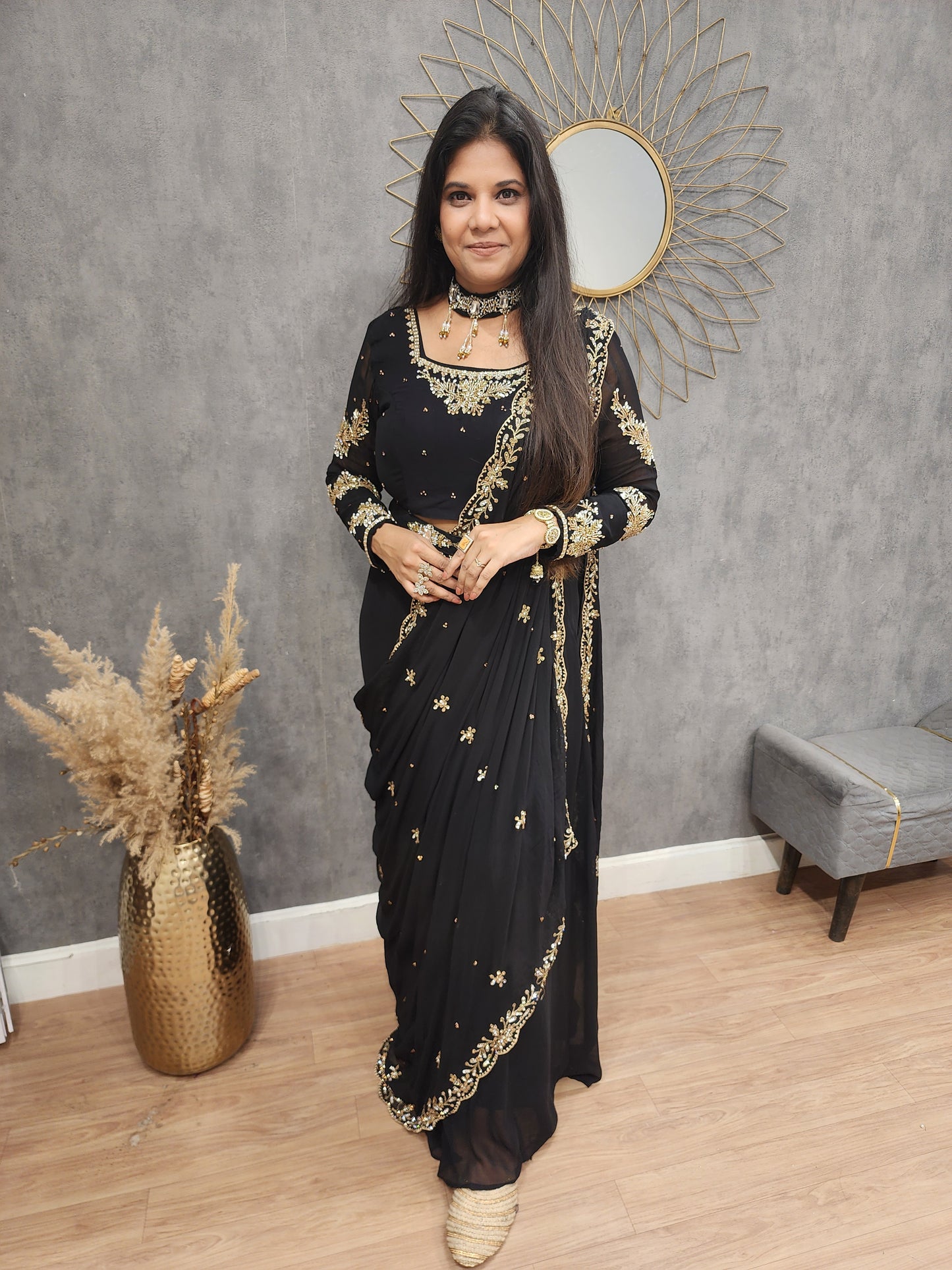 Raabta black drape saree with necklace