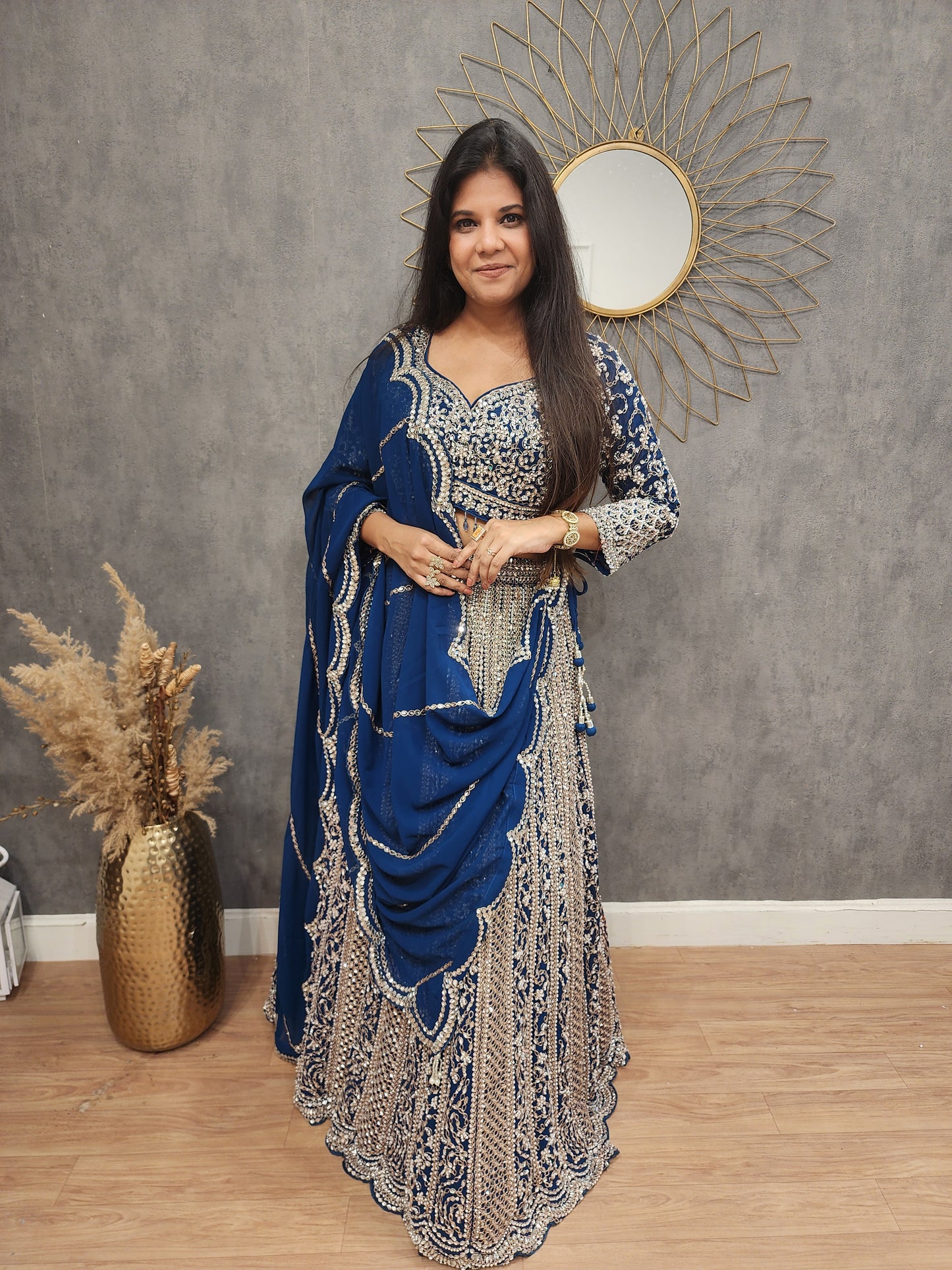 Mannat blue real mirror lehenga set