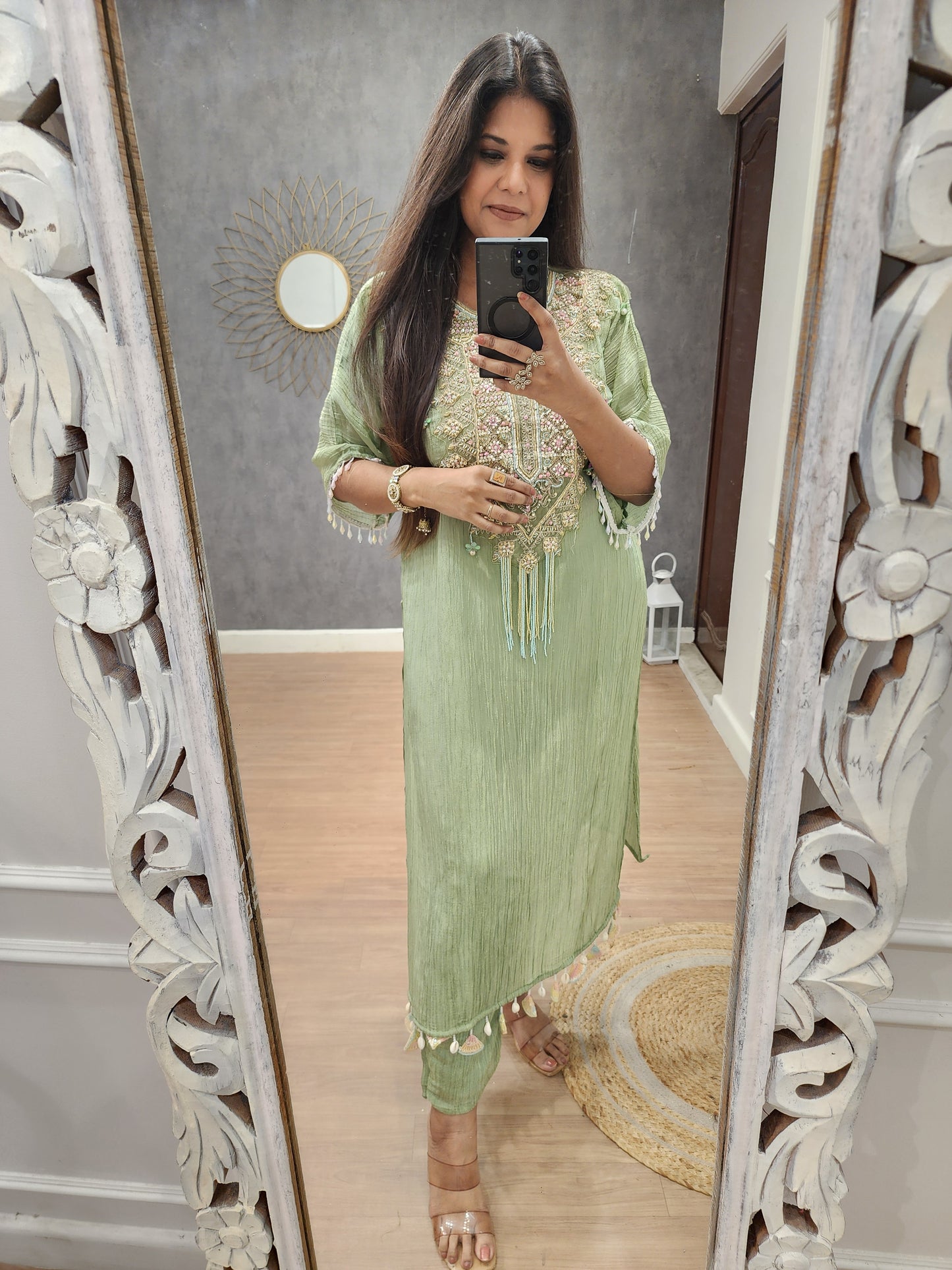 Phiran green crush tissue co-ord set