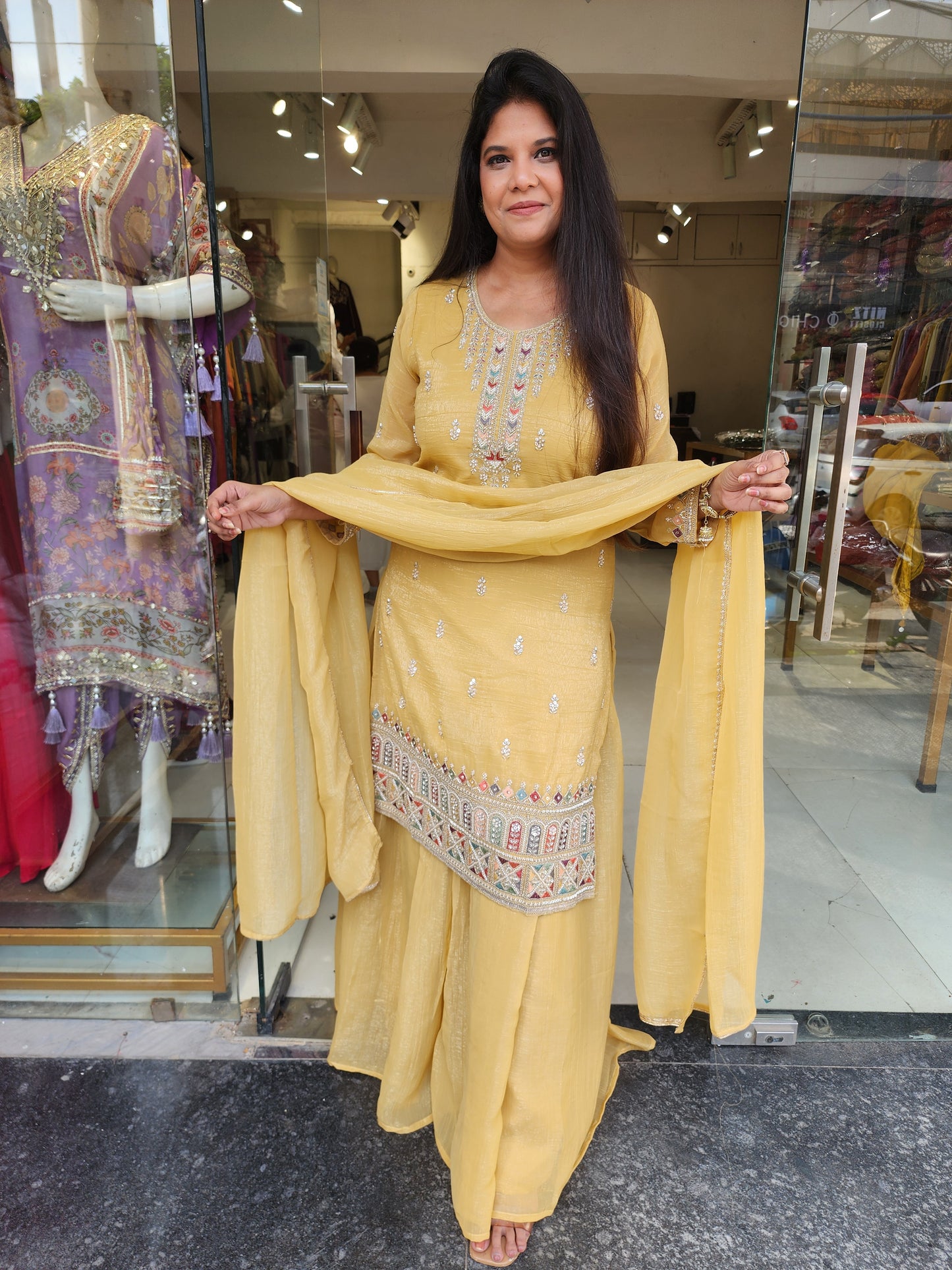 Yellow tissue sharara suit