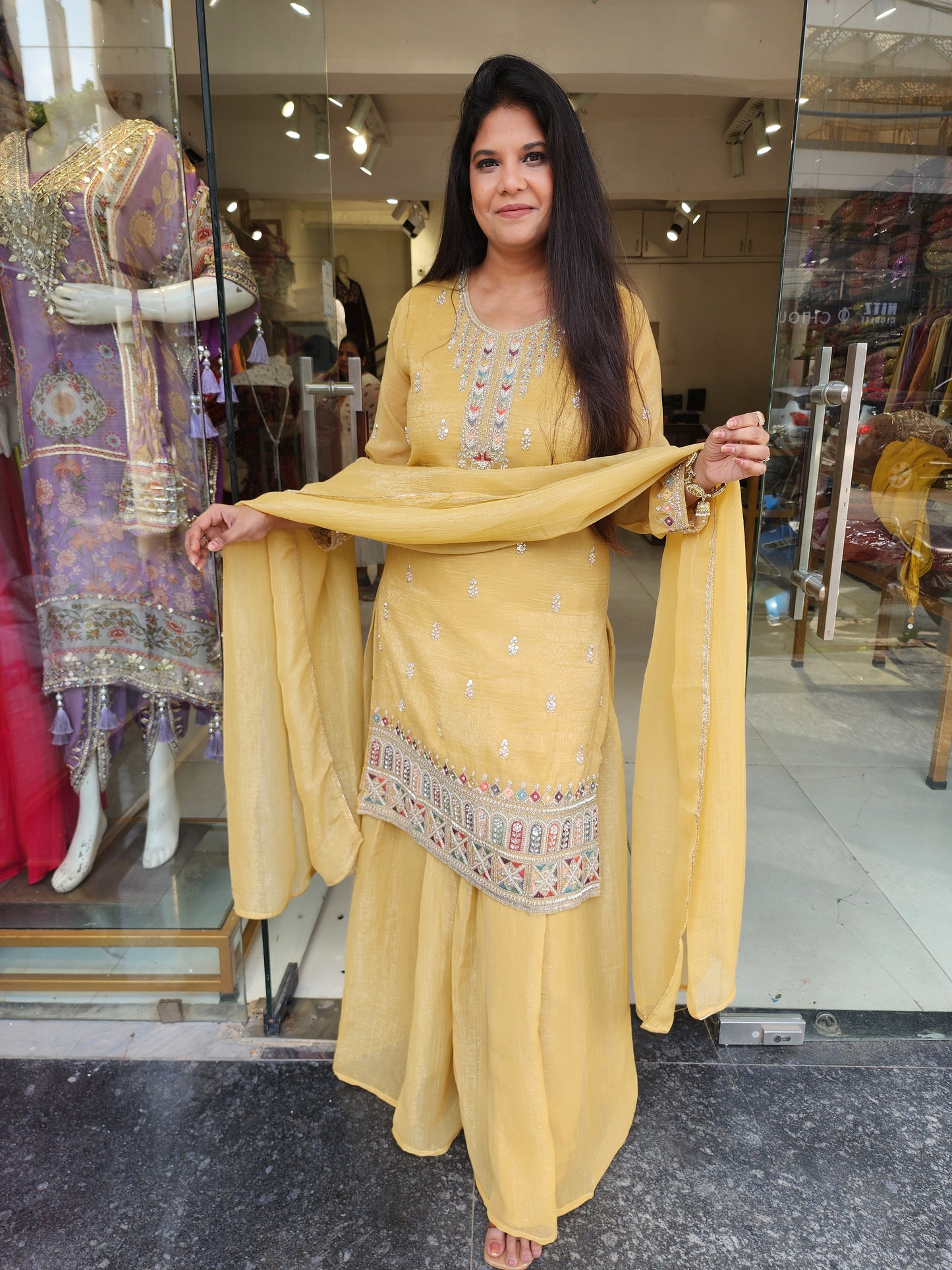 Yellow tissue sharara suit
