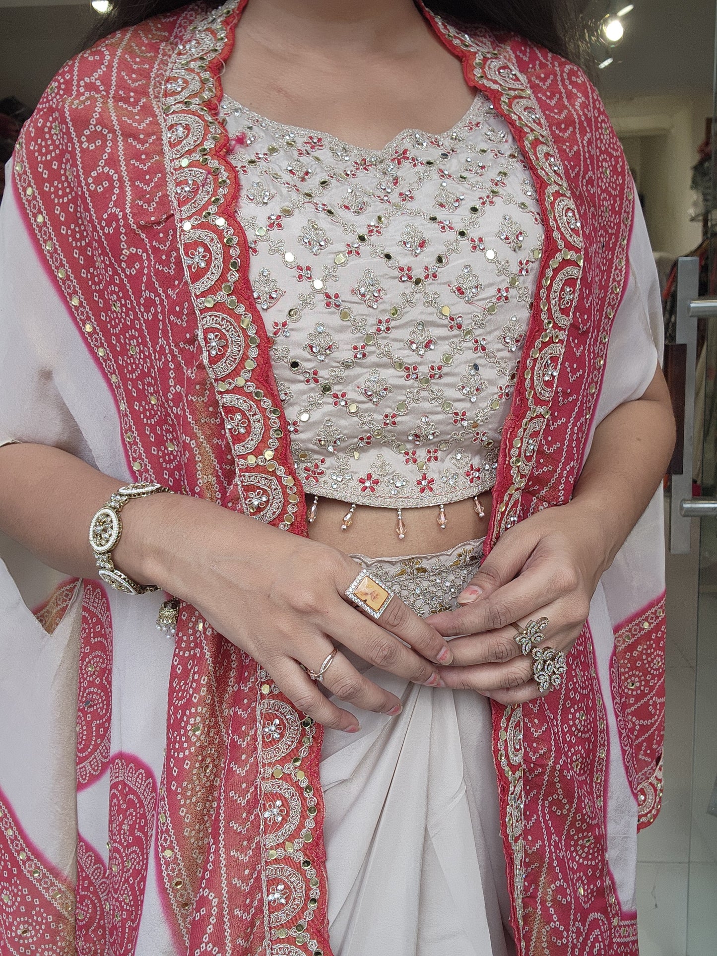 Malti Reddish bandhni cape indowestern cowl dress