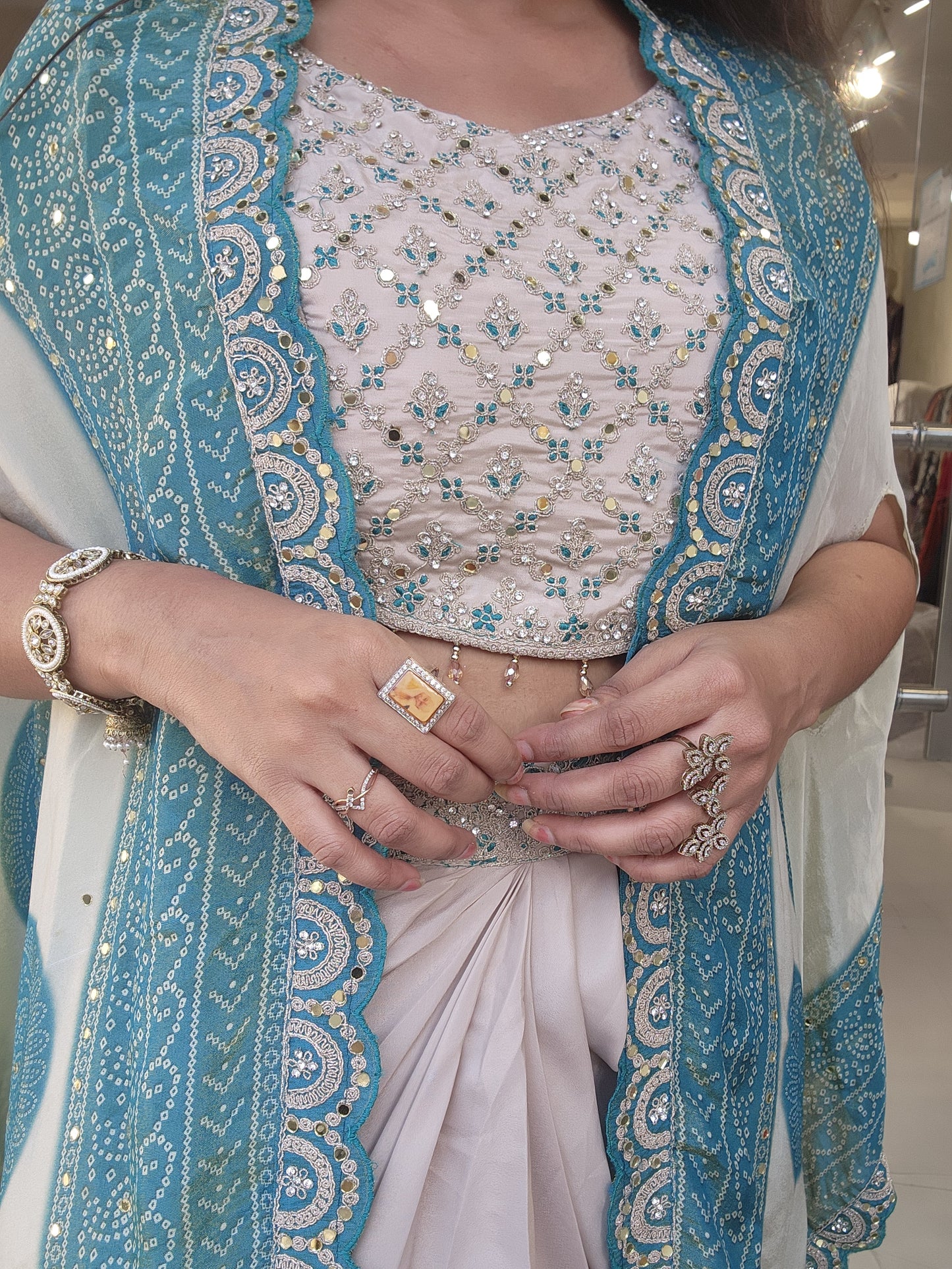 Malti bandhani blue cape indowestern cowl dress