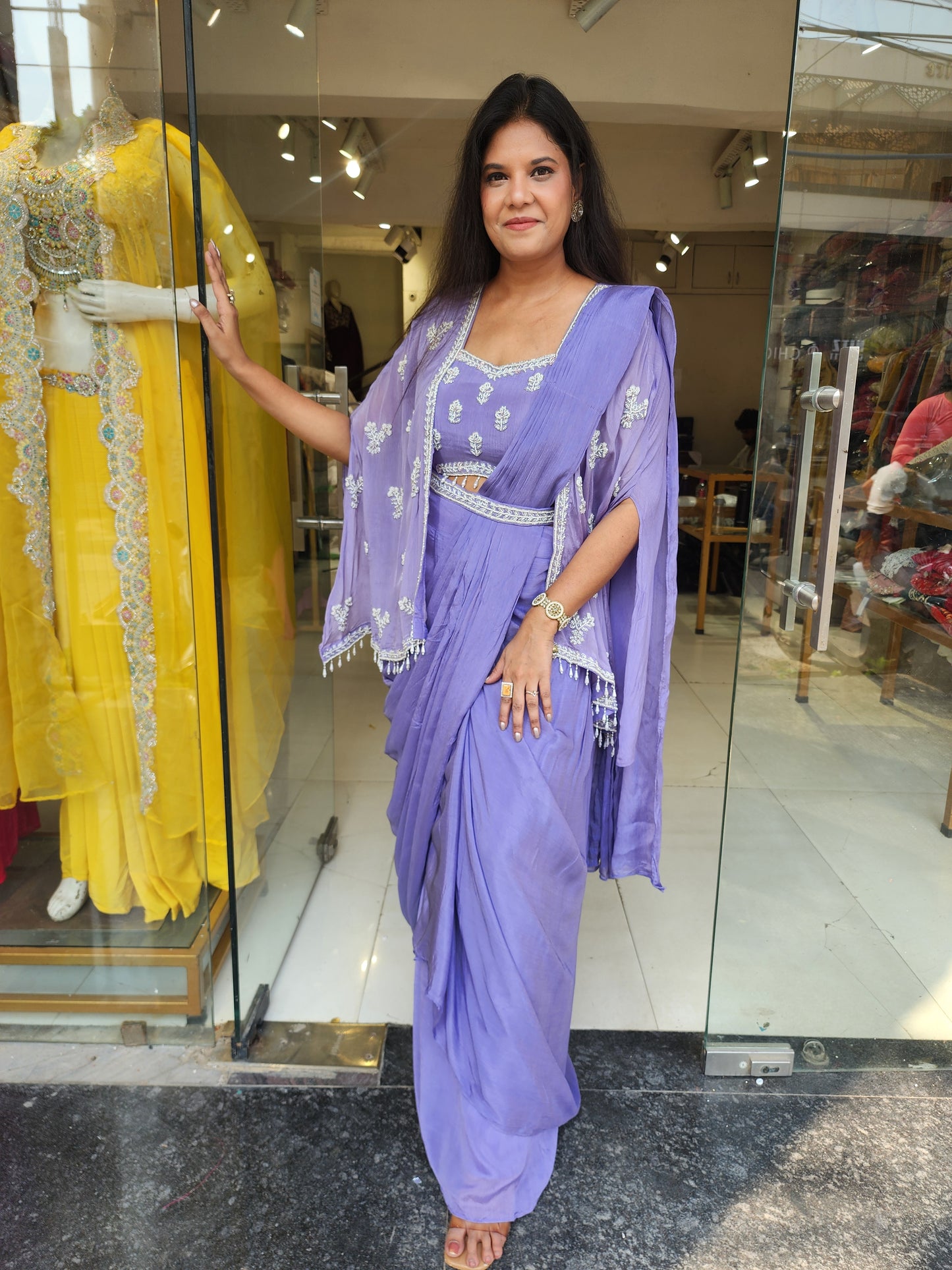 Noor chinon cape style drape saree