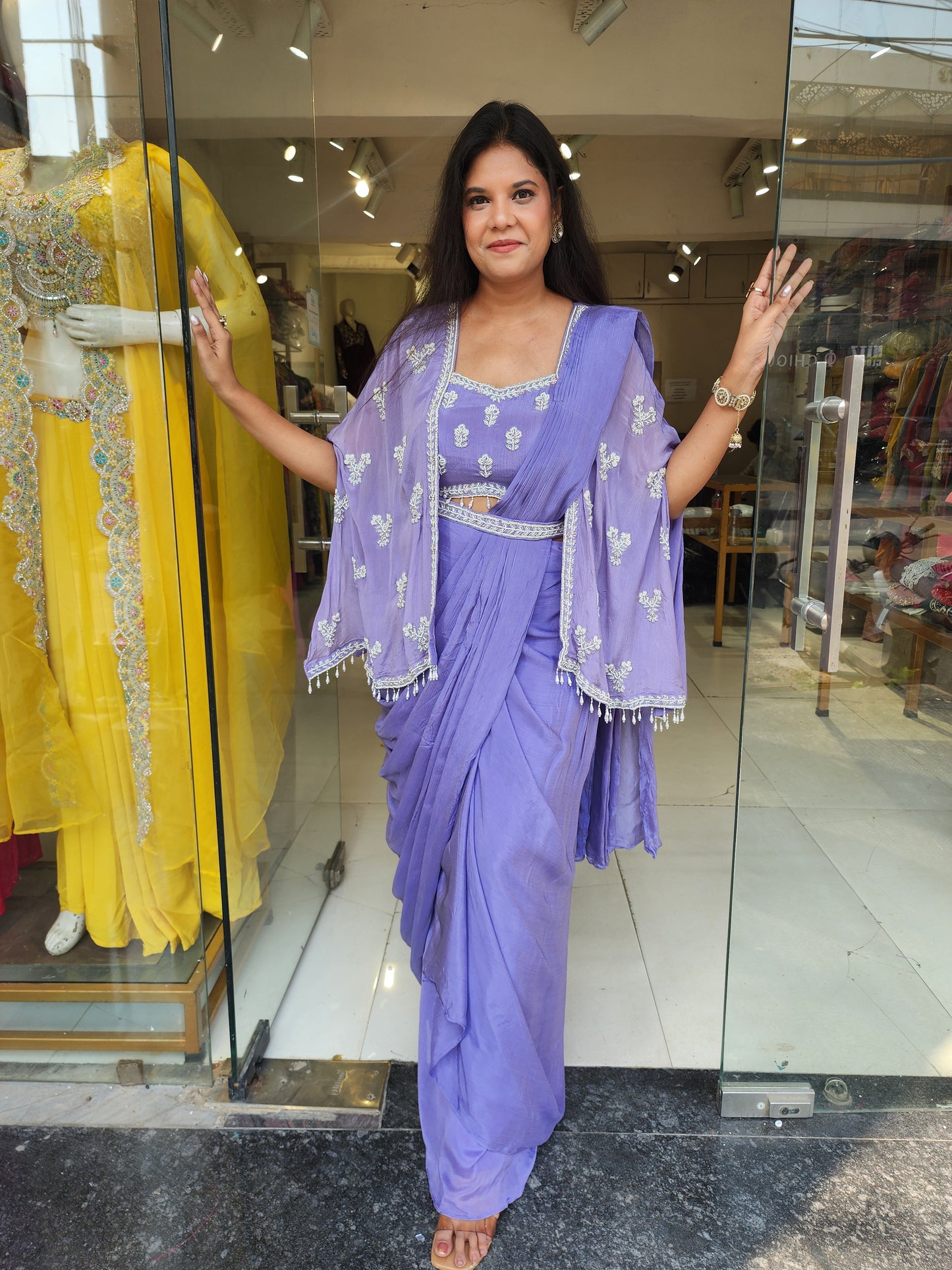 Noor chinon cape style drape saree