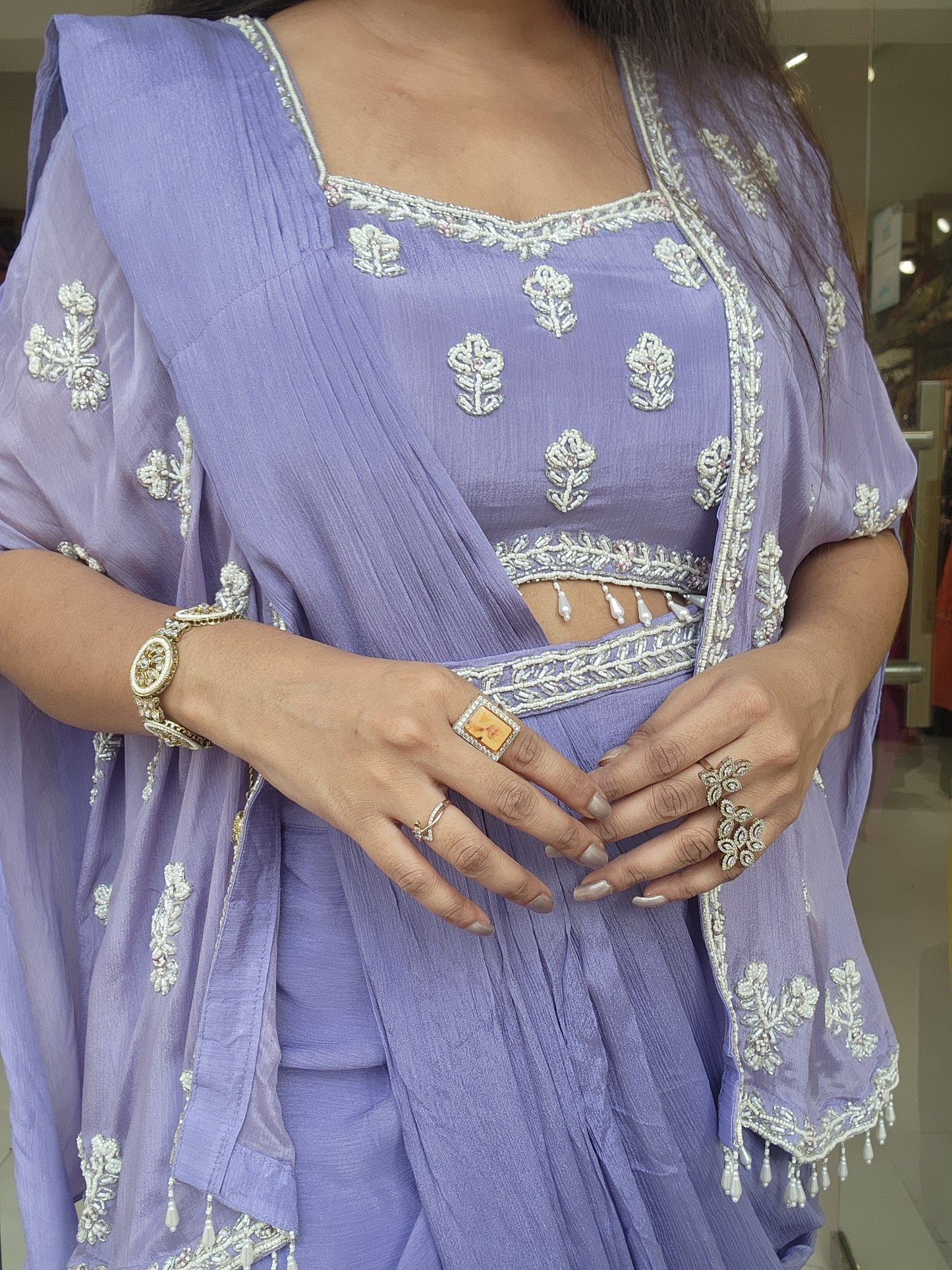 Noor chinon cape style drape saree