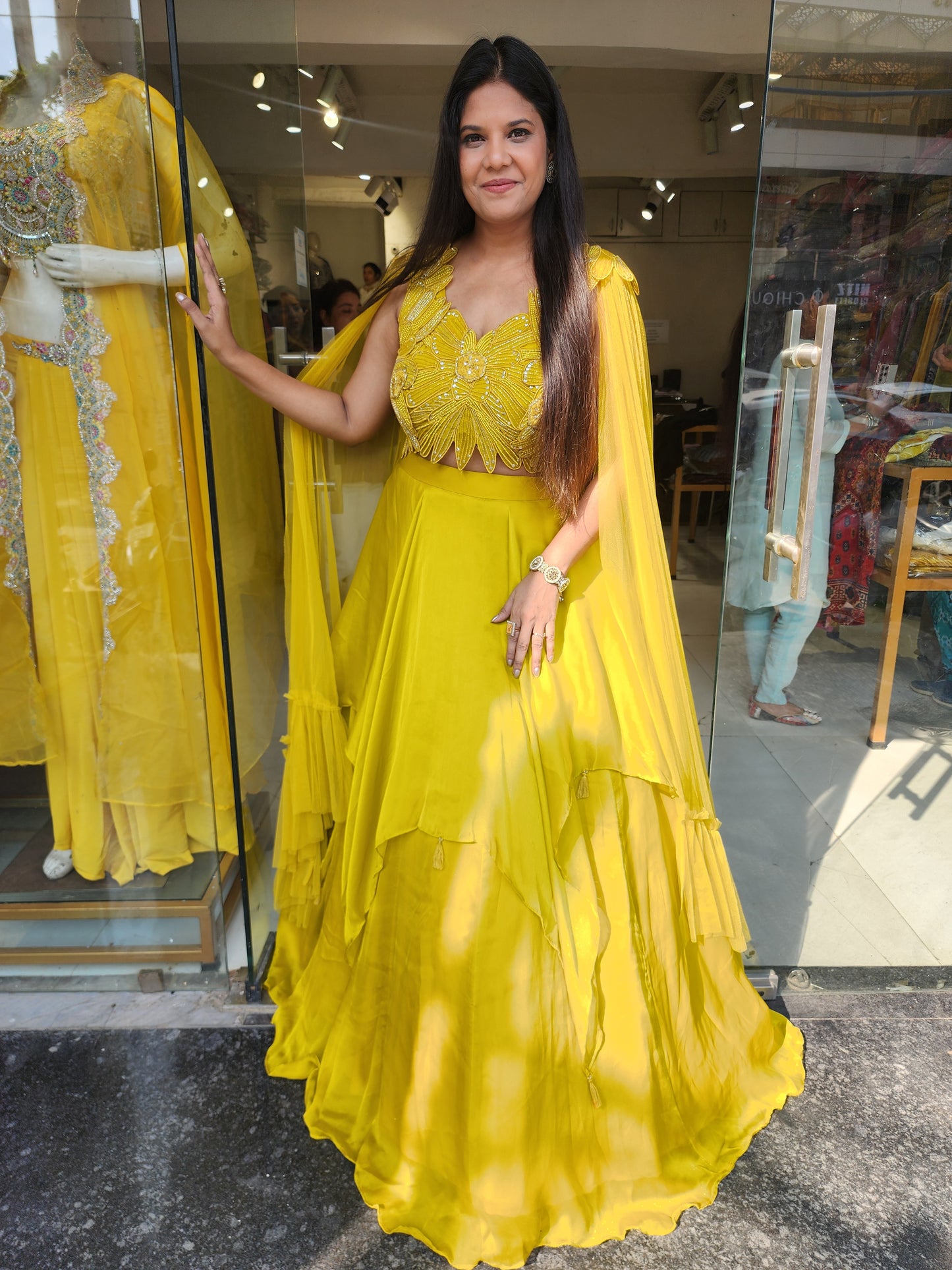 Mustard yellow butterfly lehenga set