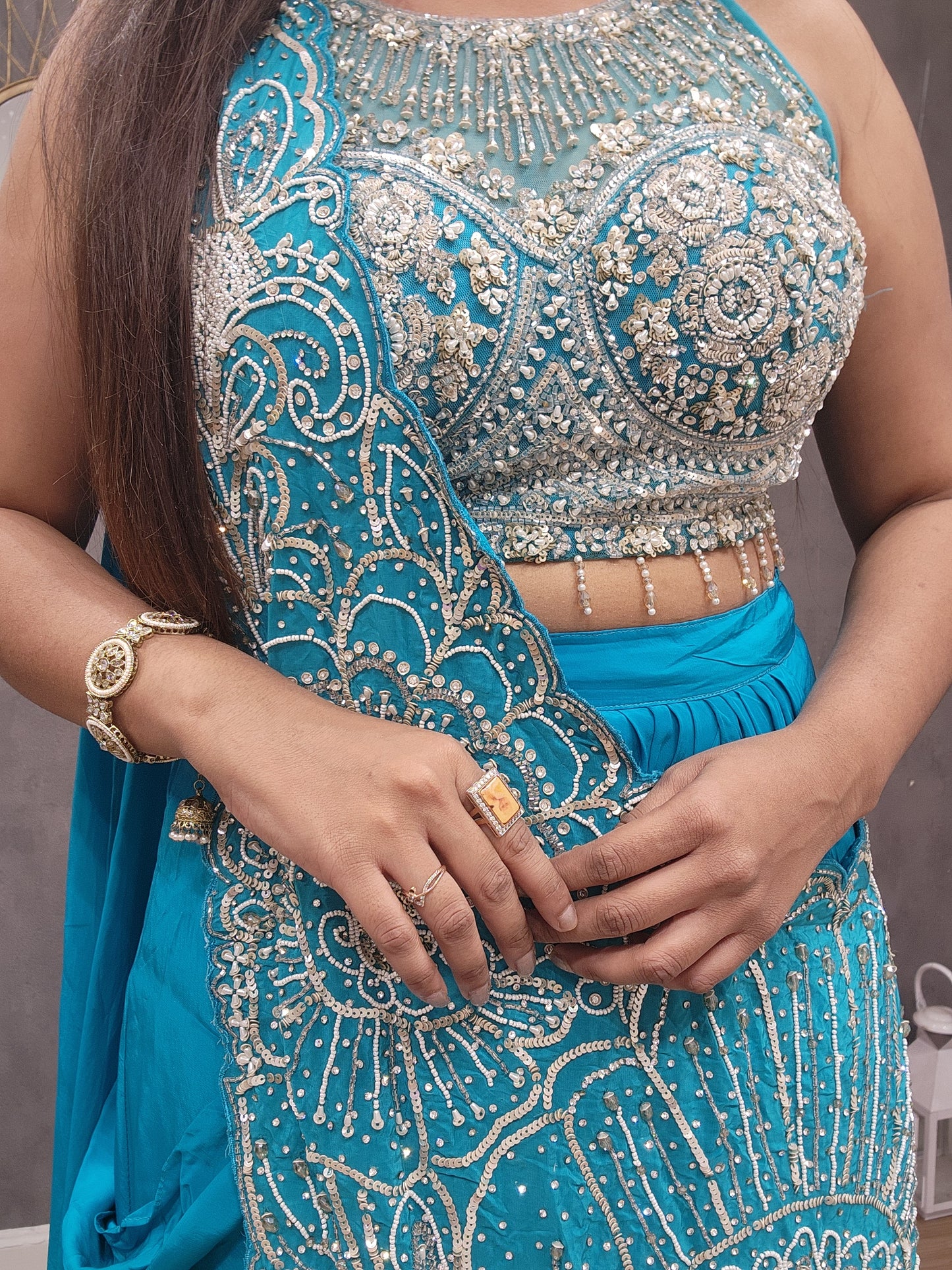 Bebo blue leafy drape lehengas et