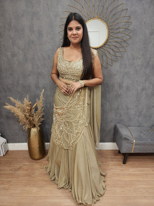 Royal fishcut leafy drape lehenga set