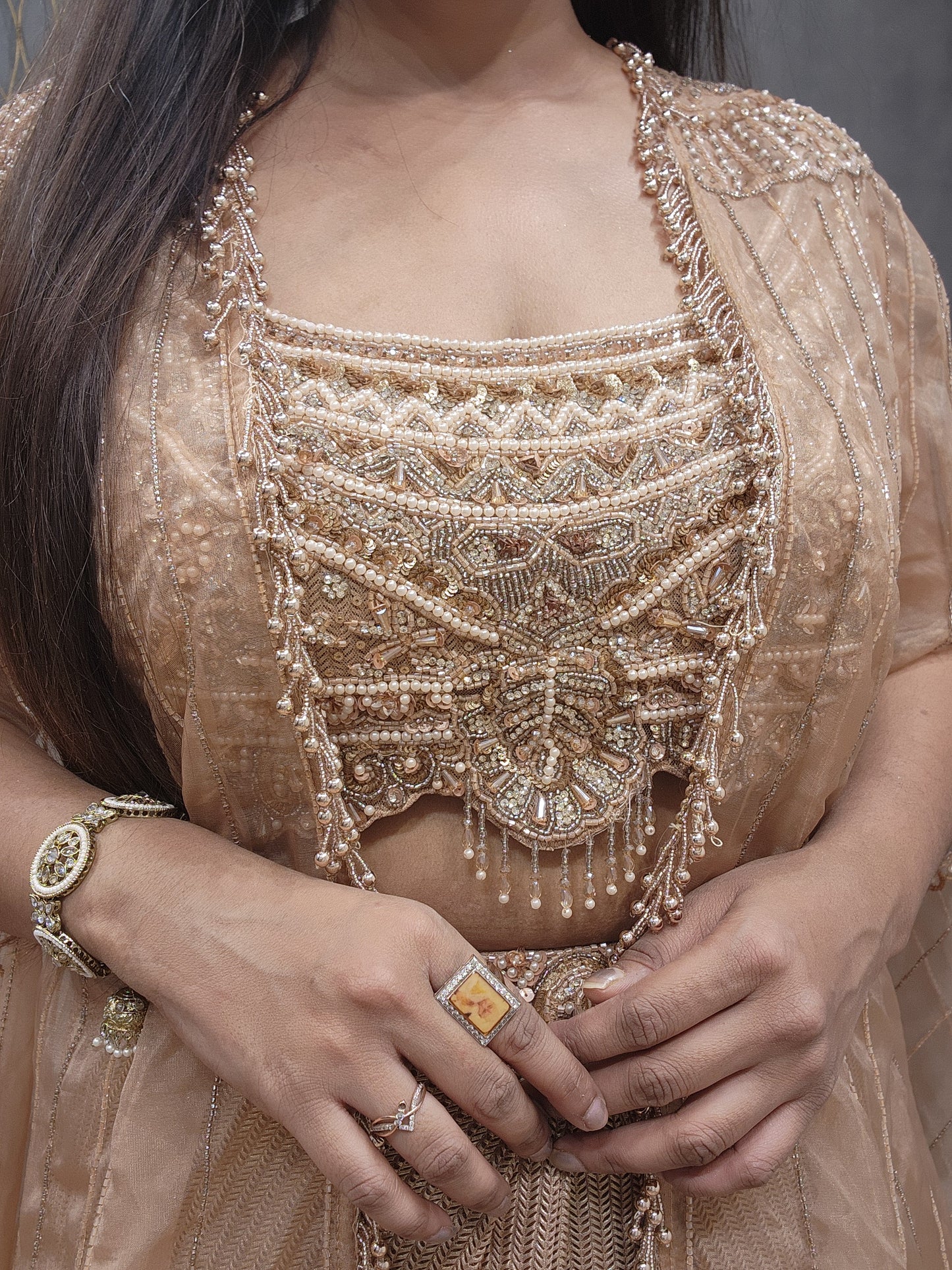 Beige long kacket indowestern lehenga