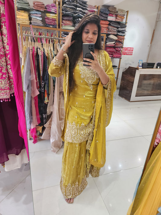 Metallick mustrad embroided garara suit