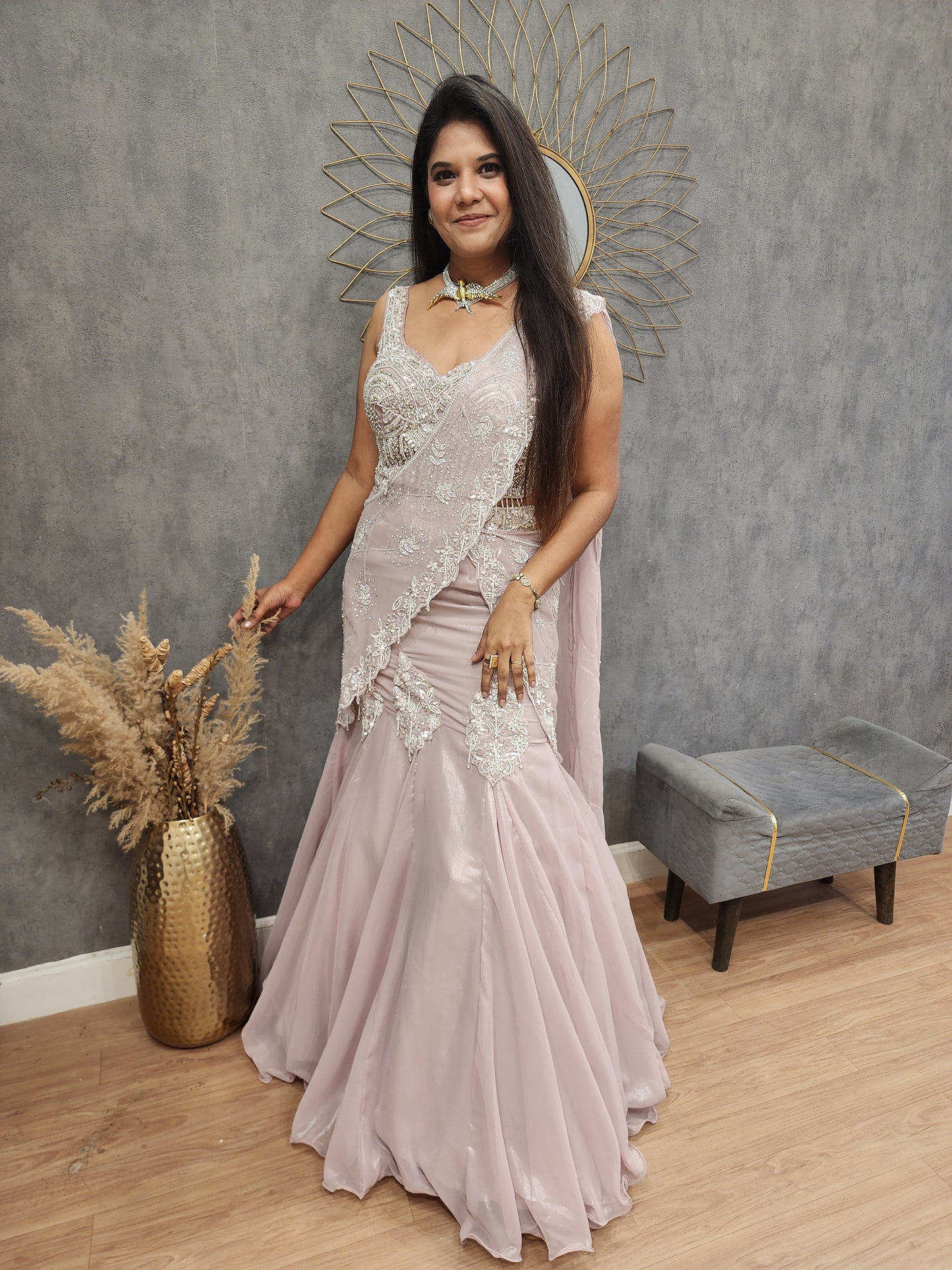 Jannat kali nude pink drape lehenga