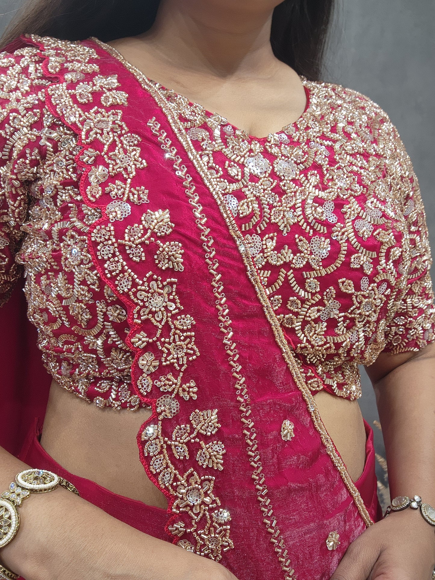 Blood red drape lehenga saree