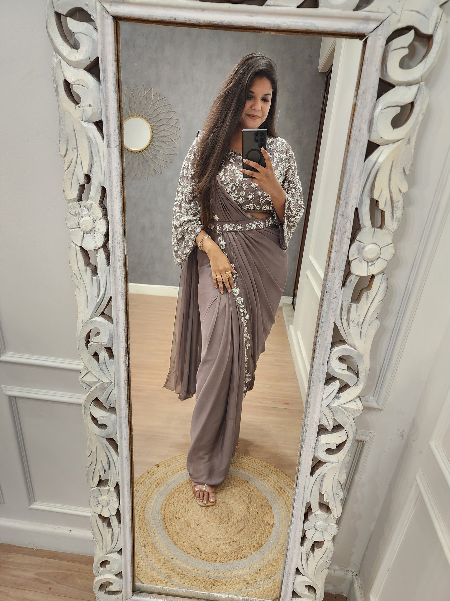 Dark champagne drape saree