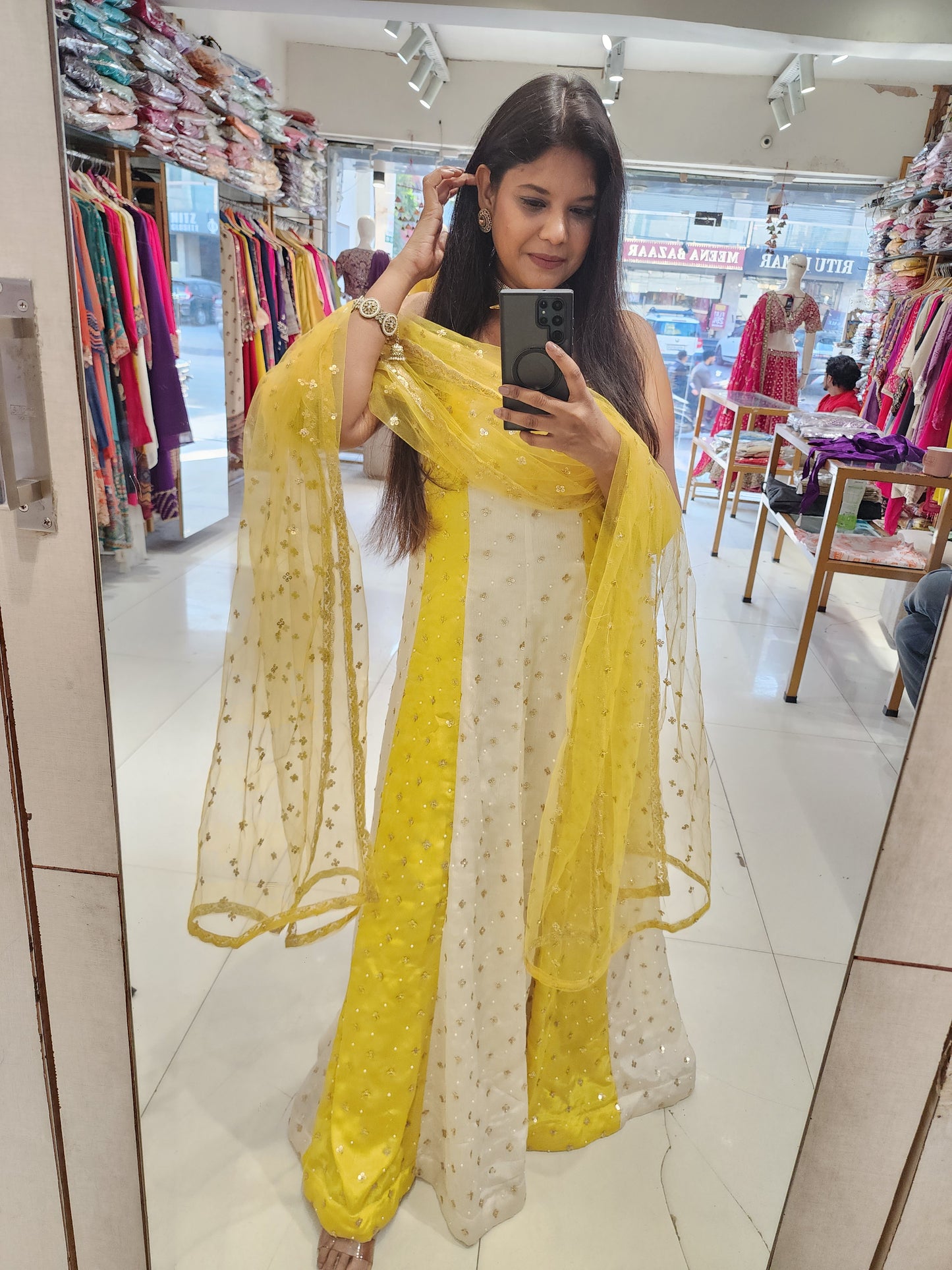 Yellow and off white combination maxi gown