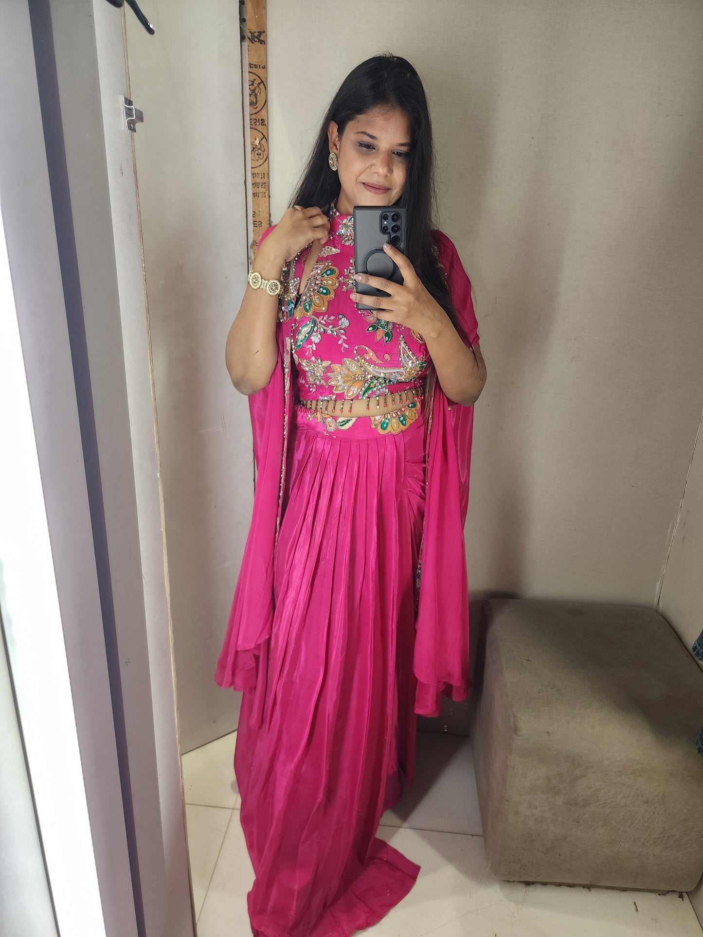 Hotpink 3pc halter neck indowestern dress