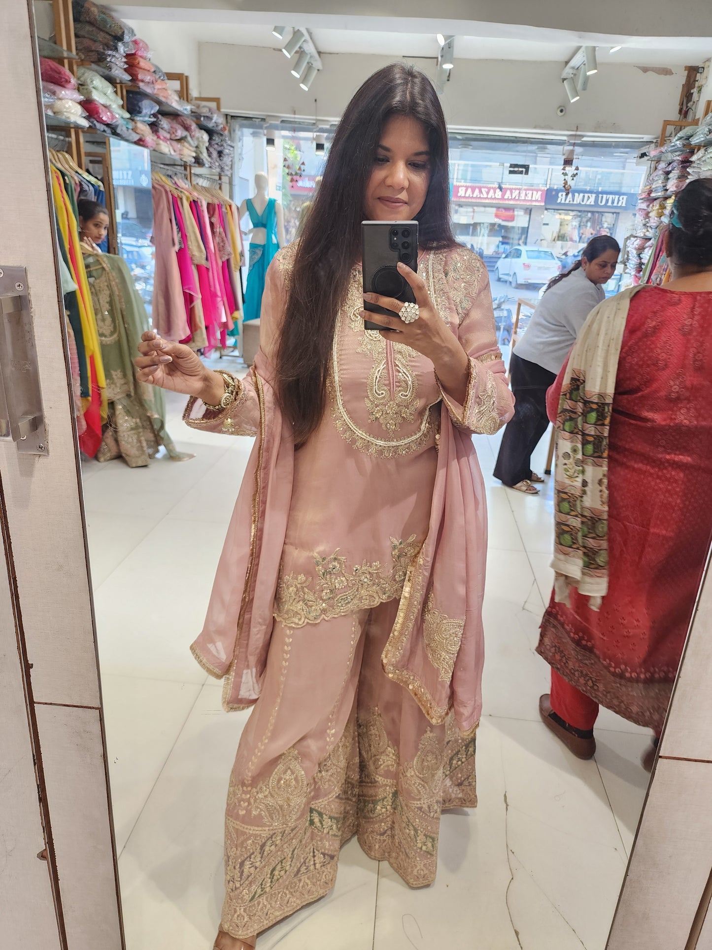 Onion pink organza tissue sharara suit