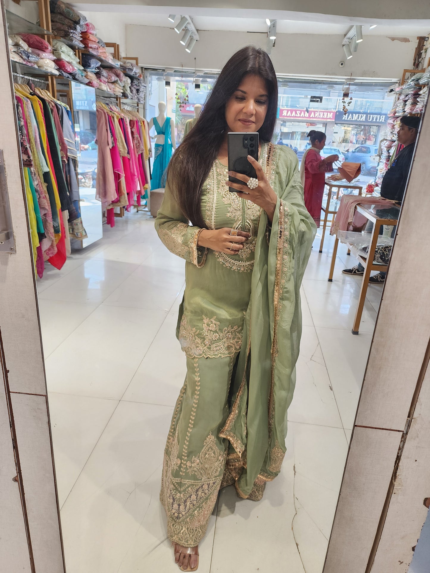 Green organza tissue sharara suit