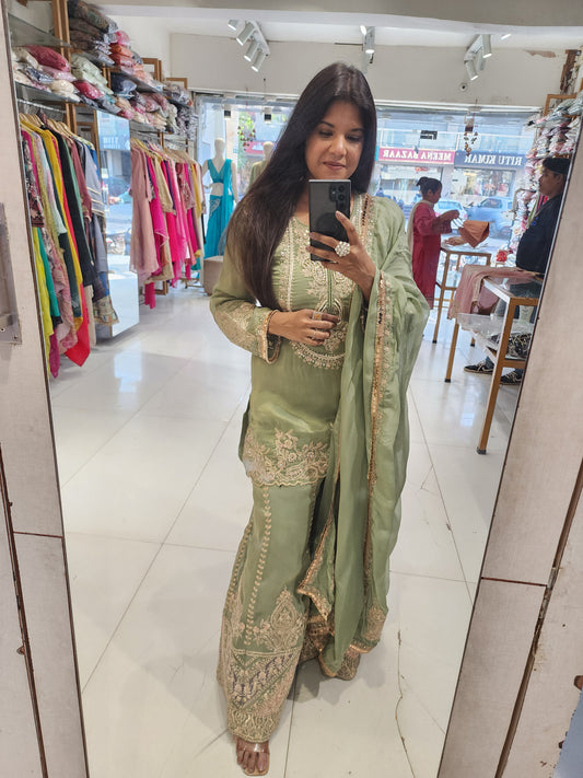 Green organza tissue sharara suit